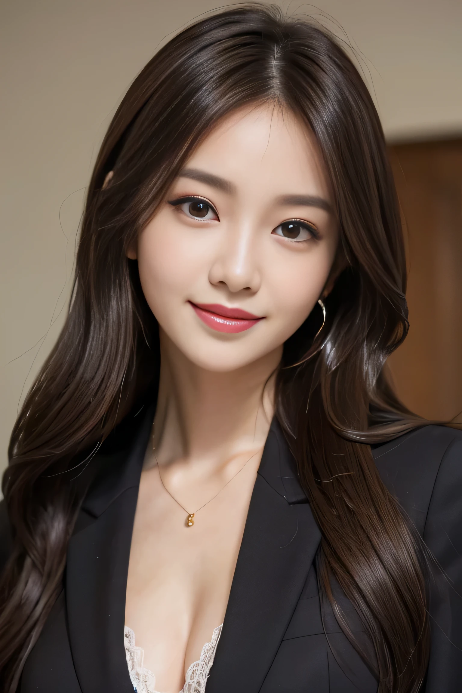 ulzzang-6500-v1.1,(8K, best quality, masterpiece: 1.2),on the table, best quality, actual, super detailed, finely, High resolution, 8k wallpaper, 1 beautiful woman,, light brown messy hair, (wearing a suit,:1.5) Smile, Perfect dynamic composition, Detailed and beautiful eyes, fine hair, Detailed and actual skin texture, Smile, closeup portrait, Model diagram、larger breasts