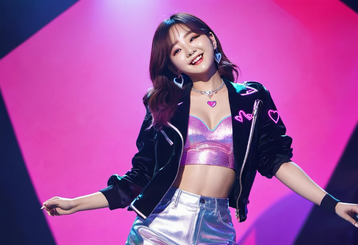 highres,best quality:1.2,ultra-detailed,realistic:1.37,kpop singer,neon sign,heart outlines, colorful,background, cute female singer, vibrant colors, stage performance, dynamic lighting, stylish outfit, charming smile, captivating gaze