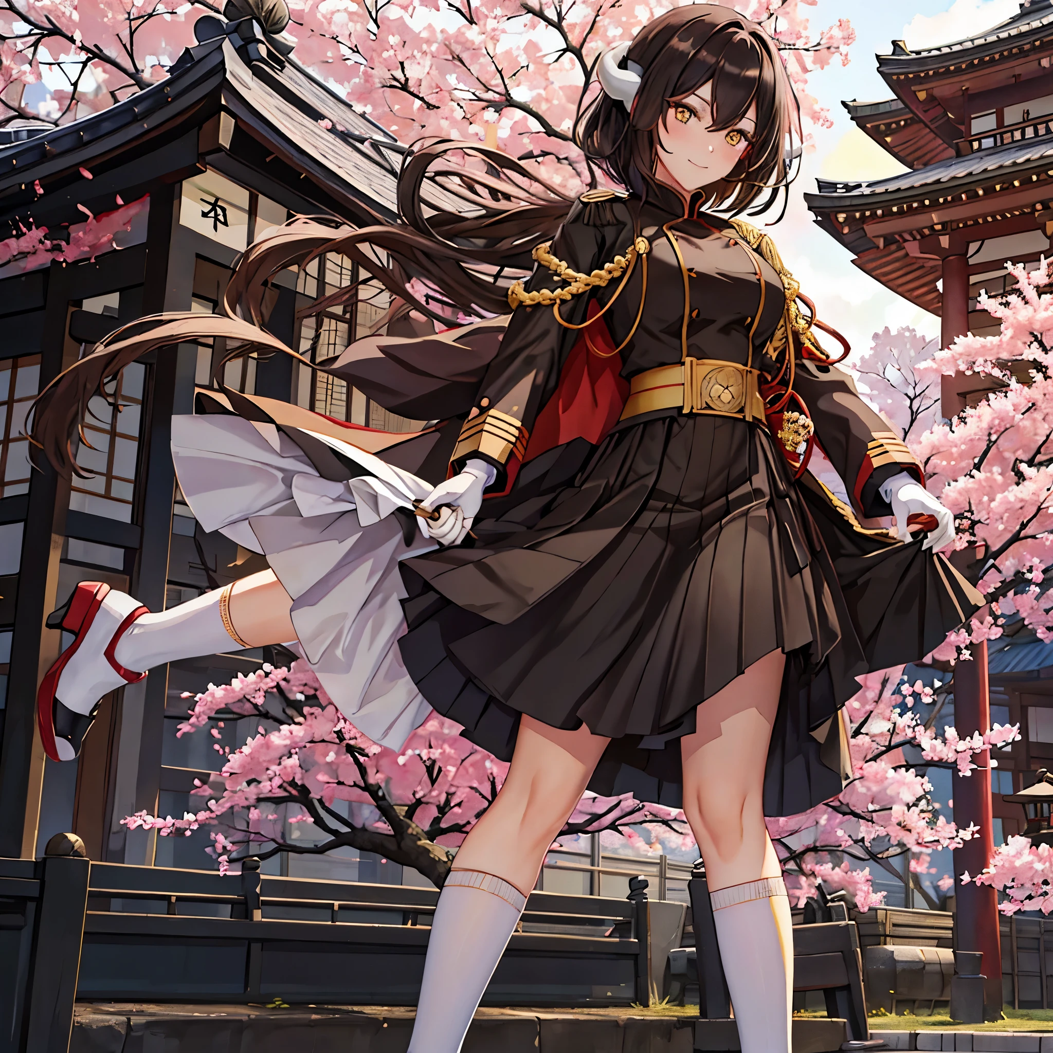 A woman in black military clothing with red details, outside a traditional Japanese palace, white horns, with sakura trees around her, short brown hair, yellow eyes, smiling, ultra resolution, masterpiece, very detailed, 4k hd
