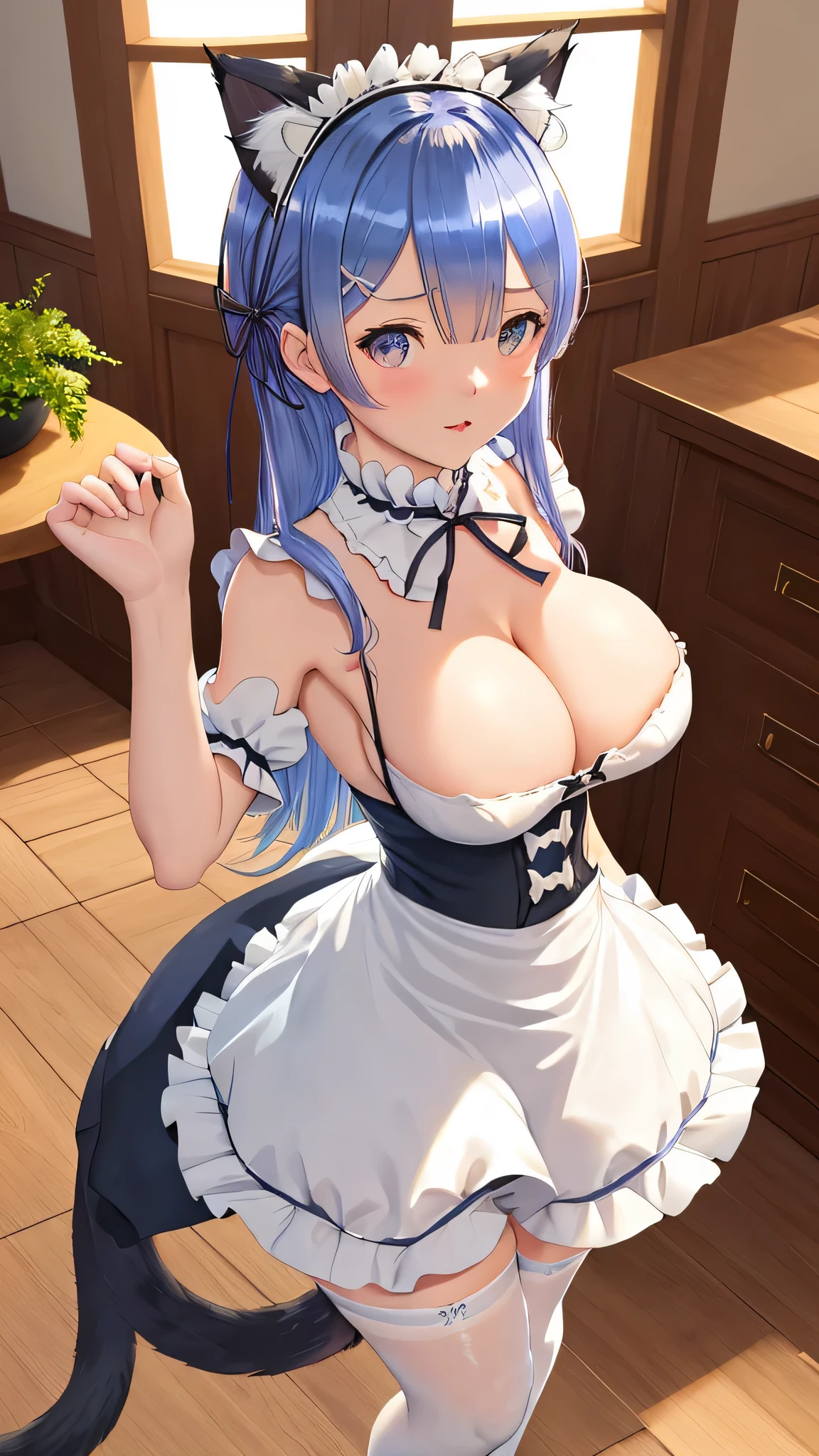 Rem Re:zero Passionate, gentle look, cat ears, big breasts, collar with bell, maid uniform with good cleavage, medium breasts, firm breats, cat tail. cat pose, Very sexy, perfect body
