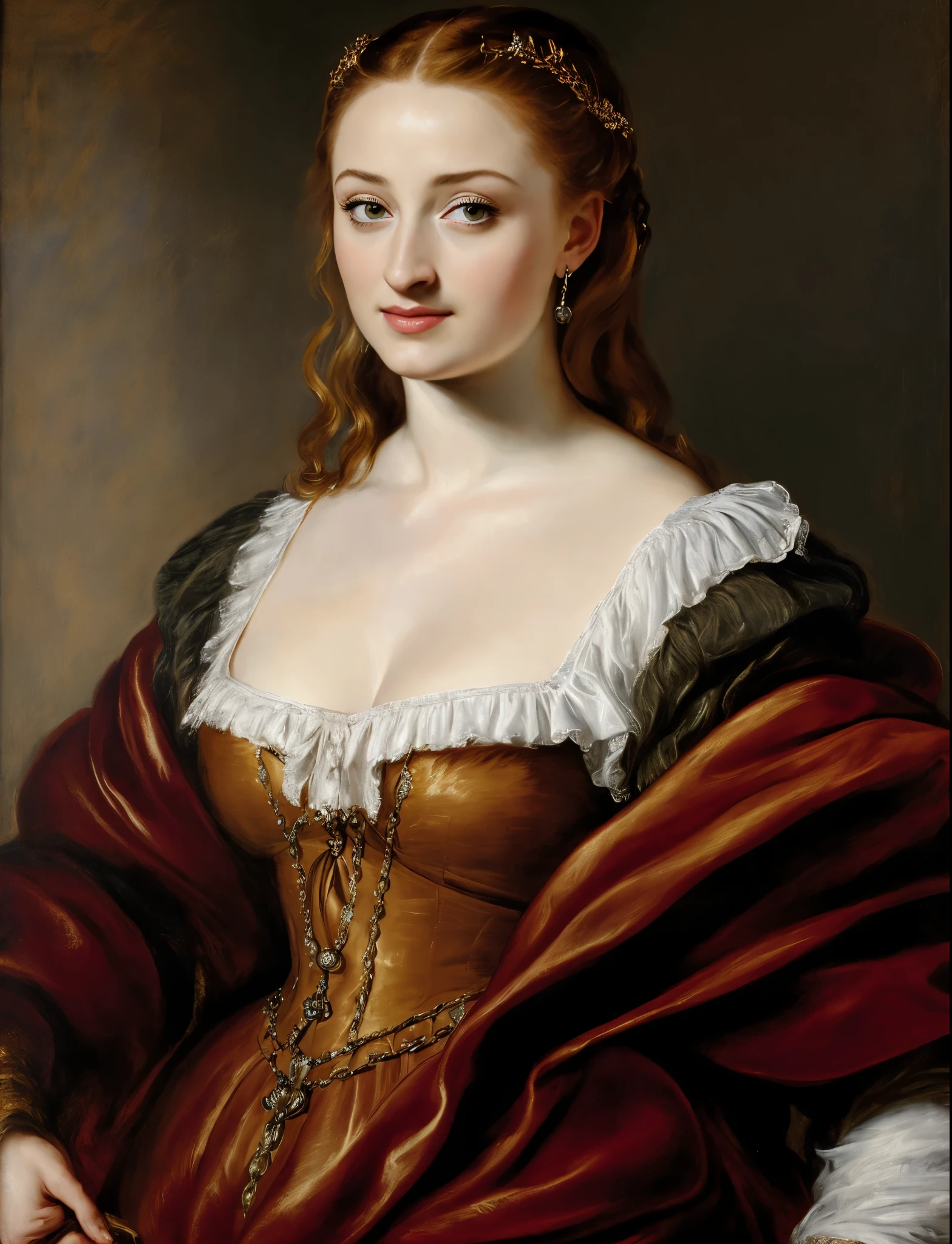 In Peter Paul Rubens style, portrait of Sansa Stark from game of thrones, Sansa Stark played by Sophie Turner, girl, middle ages, classicism, Peter Paul Rubens style, painting, traditional media, realistic, figurative, fine art, oil on canvas, HDR, 8K, original character, high resolution, high detail, focus on the face, by Peter Paul Rubens,