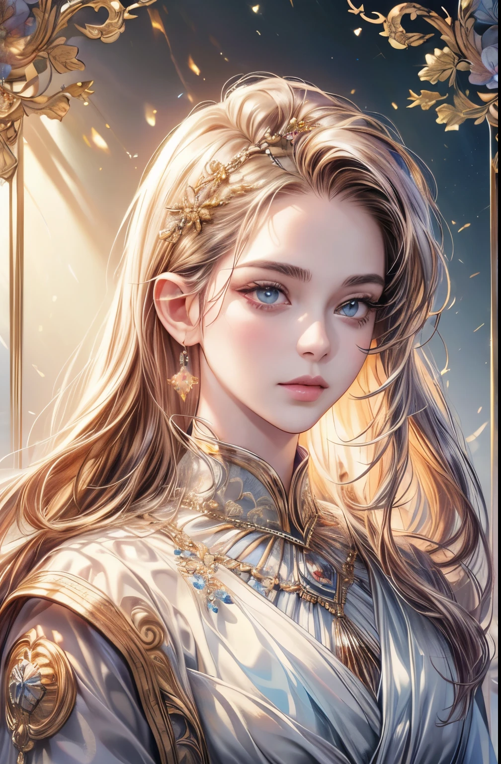 (best quality,4k,8k,highres,masterpiece:1.2), ultra-detailed, (realistic,photorealistic,photo-realistic:1.37), long-haired woman, portrait, fair-skinned, symmetrical eyes, intricate eyes, sparkling violet eyes, gold intricate hair accessory, mosaic floral pattern background, spotlight, high contrast, attention-grabbing shadows, detailed shadows, immaculate craftsmanship, masterpiece, top-quality, top-notch image quality