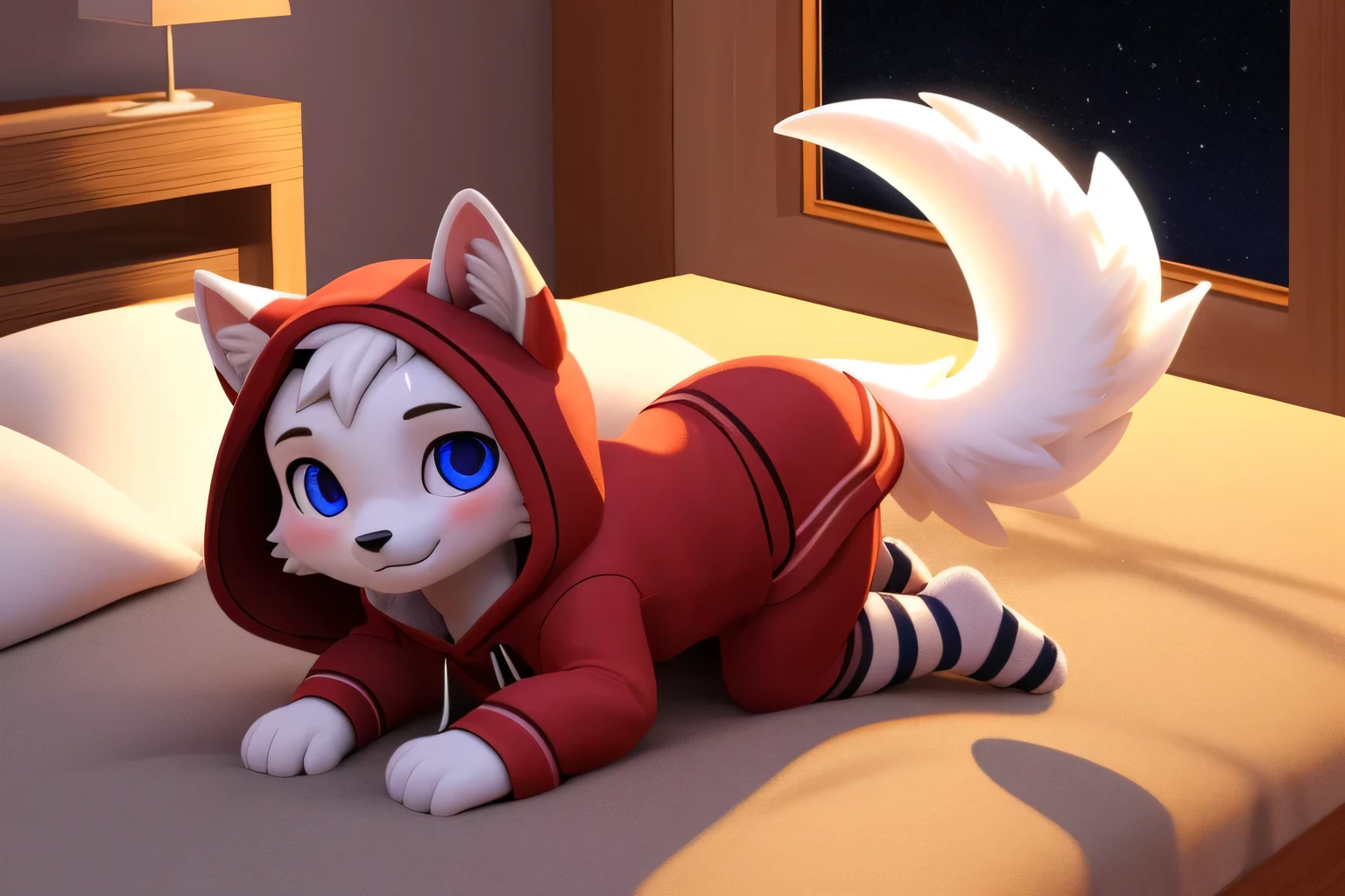 (((wilderness))), ((charming小蓝狐, Miss, young)) have different colored eyes， chibi， charming，Shy, blush, logo design， The car has， movie lighting effects， ((3D vector art))， Cute and quirky， fantasy art， Bokeh， Hand Painted， number， soft light， Isometric风格， 4K resolution， photorealistic rendering， High level of detail cleaning， vector image， A lifelike masterpiece， Professional photography， simple space background， Flat white background， Isometric，Vibrant vector, , hoodie, bottomless pit, Fine hairs, Anisotropic fur gloss, ((subsurface scattering)), on the bed, ((The body is very wide)), ((Animal genitalia)), [[vein]], (on all fours), ((Show rear)), [anus],((Show rear)),[vaginal],big tail, ((Striped knee-length socks))