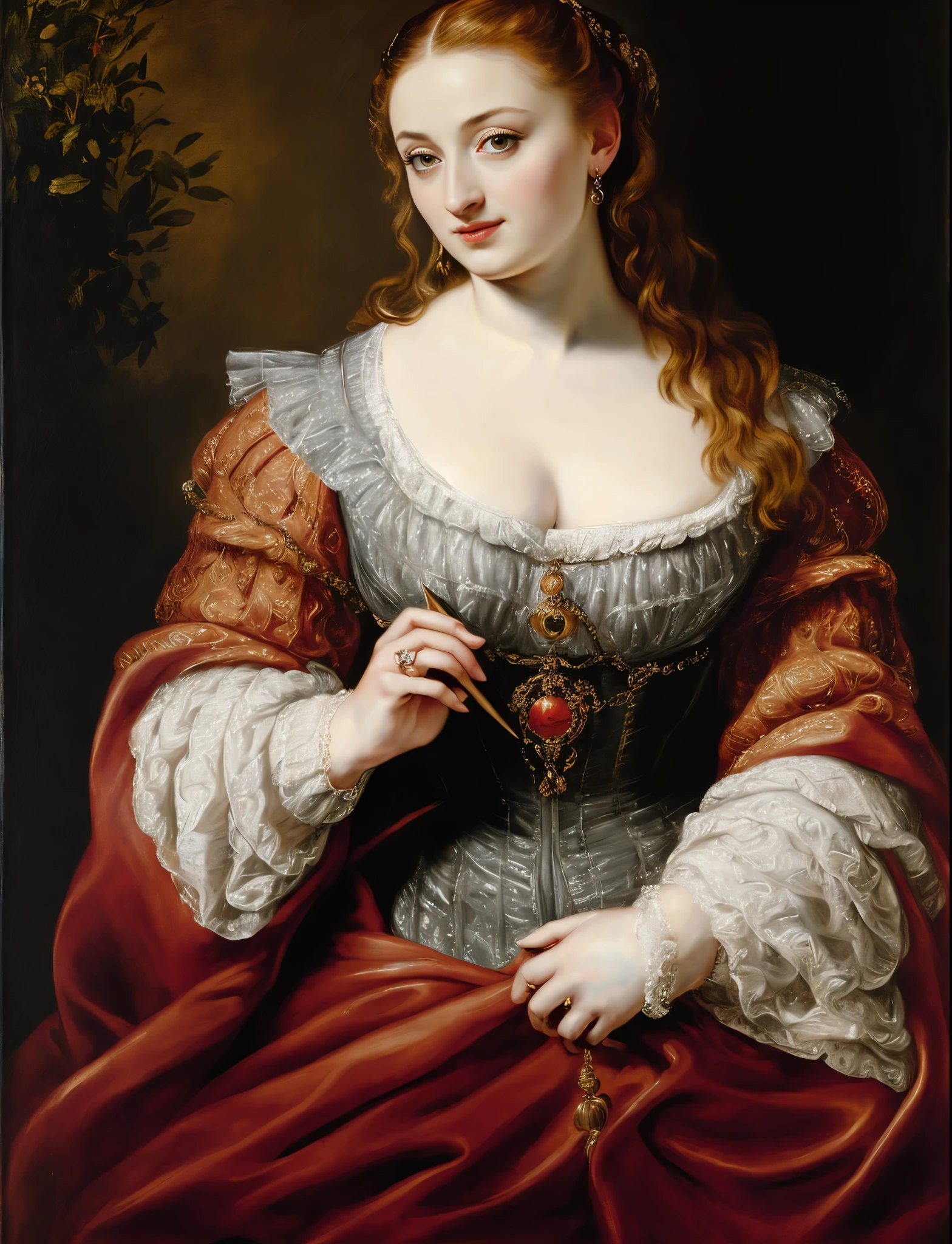 In Peter Paul Rubens style, portrait of Sansa Stark from game of thrones, Sansa Stark played by Sophie Turner, girl, middle ages, classicism, Peter Paul Rubens style, painting, traditional media, realistic, figurative, fine art, oil on canvas, HDR, 8K, original character, high resolution, high detail, focus on the face, by Peter Paul Rubens,
