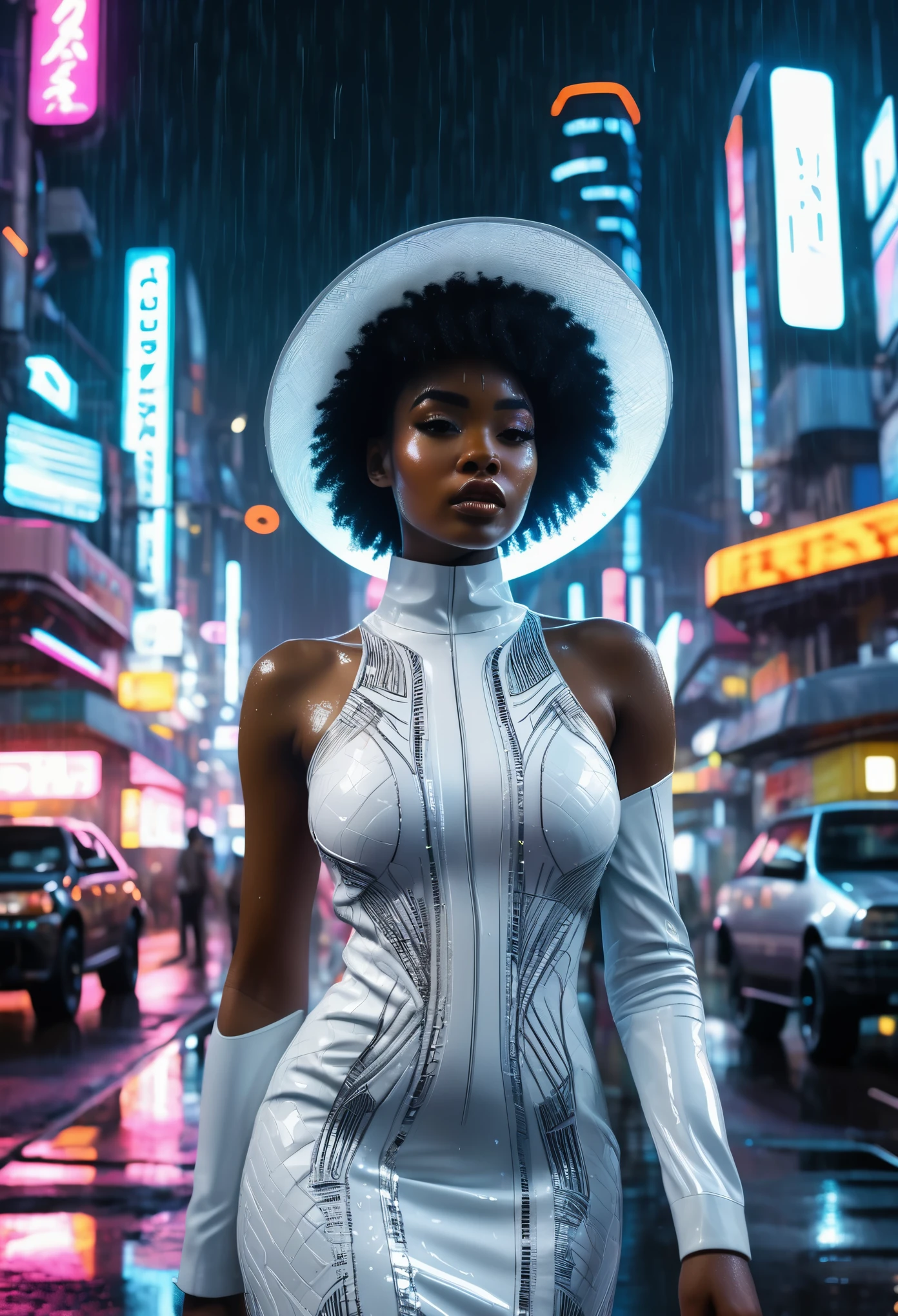 Black woman dressed in an African designed all white dress with a white hat over her head, standing in the middle of the cyber punk city, night time with neon city lights shining a medium light in the scene, rain drizzling, wet road surface with reflections of the black woman and city infrastructure, a beautiful sci-fi Afro futuristic cinematic scene that captures the essence of imagination and wonder, highly detailed and ultra HD images shot on 70mm IMAX cameras. 