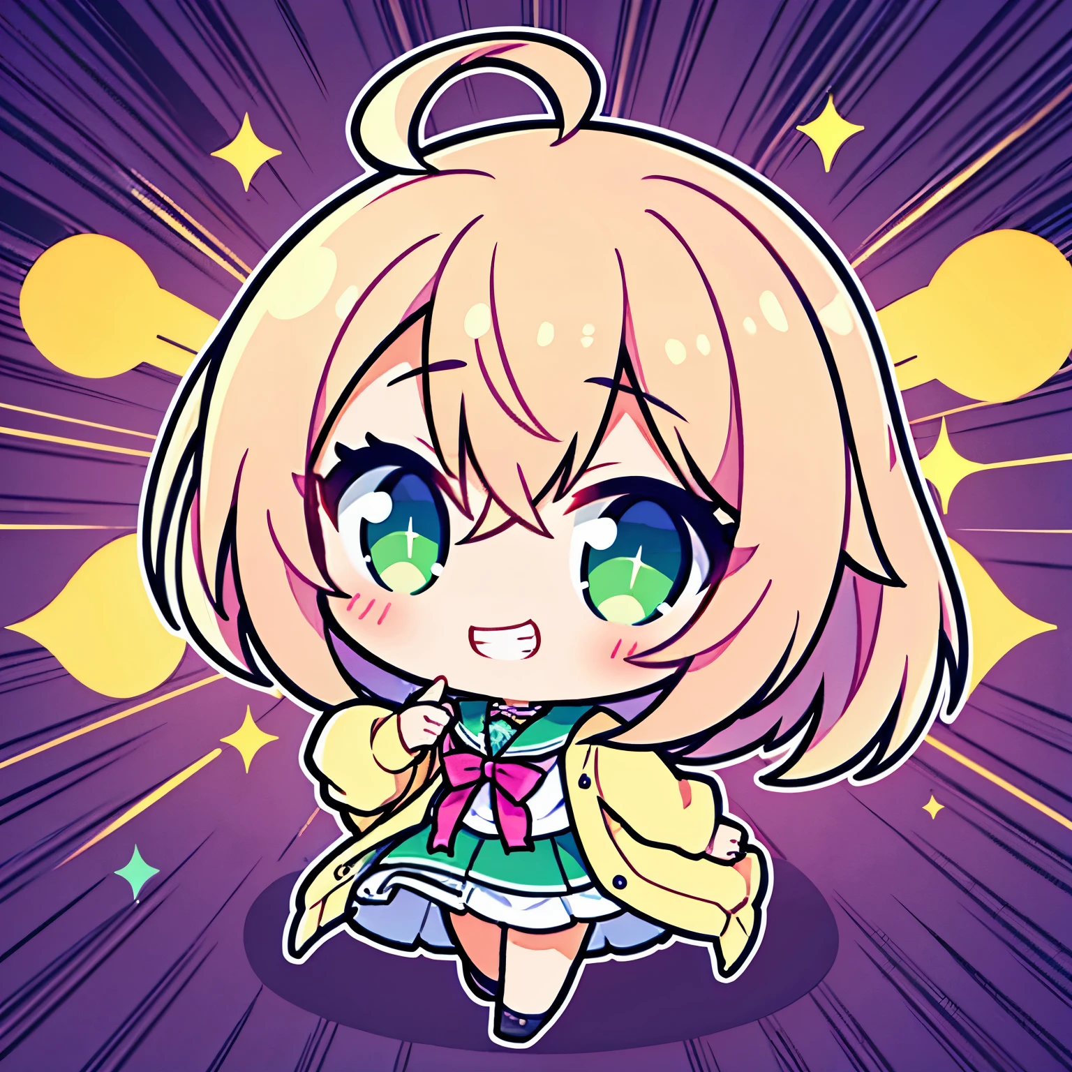 looking back, bust-up images, chibi, full body, (big head:1.5), super deformed character, best quality, super fine, 16k, incredibly absurdres, extremely detailed, intelligent beauty, mischievous grin, happy, smile, shy, ivory medium hair, wearing high school summer uniform, dull beige cardigan, green eyes, BREAK , background variety of visual styles that combine various artistic elements like a sparkling iridescent pastel and vivid colors
