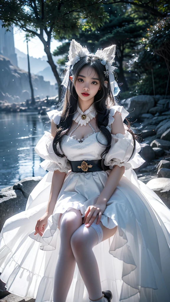 shinano cosplay costume, cosplay, thighhighs, high heels, see-through, fox tail, multiple tails, In the depths of Wonderland，The moonlight falls like water，foggy room，The figure of the heroine is vaguely visible，Just like the fairy in the painting，Slender sexy legs，Beautiful big breasts而又带着一丝mystery的色彩。Her face is beautiful and delicate，Like finely carved jade，Showing otherworldly beauty。The eyebrows are picturesque，Long eyebrows to temples，The waves in my eyes are like twinkling stars，Show the light of perseverance and wisdom。The bridge of the nose is straight，Lip color like cherry，The slightly raised corners of the mouth reveal confidence and calmness。Her face is well defined，The skin is as fair as jade，Reveals a healthy glow，Not like a fairy&#39;Don’t eat the fireworks of the world。Her makeup is light and delicate，Not too much embellishment，But enough to show her temperament and charm。Light-colored foundation brings out the transparency of the skin，A light eyebrow pencil outlines her perfect eyebrow shape，Eye makeup is eye shadow and eyeliner，Make her eyes brighter and more energetic。Lips painted with grace lipstick，Adds a bit of charm and sophistication。Her clothes are graceful and chic，Wearing white clothes to win the snow，Clothes flutter，It seems like it will be blown up by the wind at any time，drifting into the distance。Beautifully embroidered patterns on clothes，Without losing grace，Also showed her extraordinary skills。A wide belt is tied around the waist，There is a crystal clear jade pendant hanging on it，Rocking with her movements。Her hair is tied back casually，Secure it with a hosta，A few strands of hair are fluttering gently in the wind，Adds a bit of softness。Her figure is looming in the fairyland，Like a landscape of Beautiful big breasts，attracted everyone&#39;s attention。She seems to be an elf in fairyland，Beautiful big breasts、grace、mystery、and full of power。