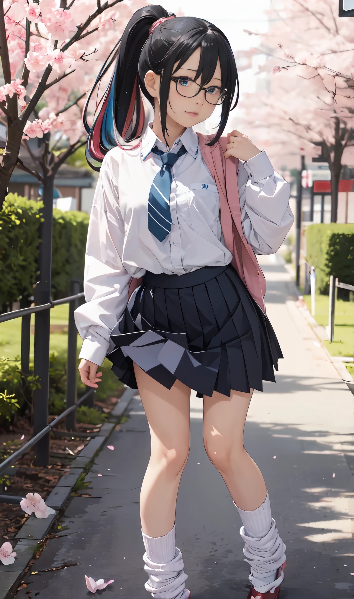 asymmetrical bangs,Standing picture、loose socks、Cherry blossom trees、cherry blossom petals、Sakura dancing、Hatsune Miku、ponytail、gradation color hair、tie hair、multicolored hair、cross-eyed、messy hair、blunt bang cut、pleated skirt、black shirt、streaked hair、messy hair、Sloppy、cross-eyed、drunk、( fool / sexual ecstasy)、Glasses、highest quality, realistic, Super delicate illustration, beautiful and attractive anime girl, slender body, tied hair, one girl, girl pictures, full body shot, beautiful blue eyes,
