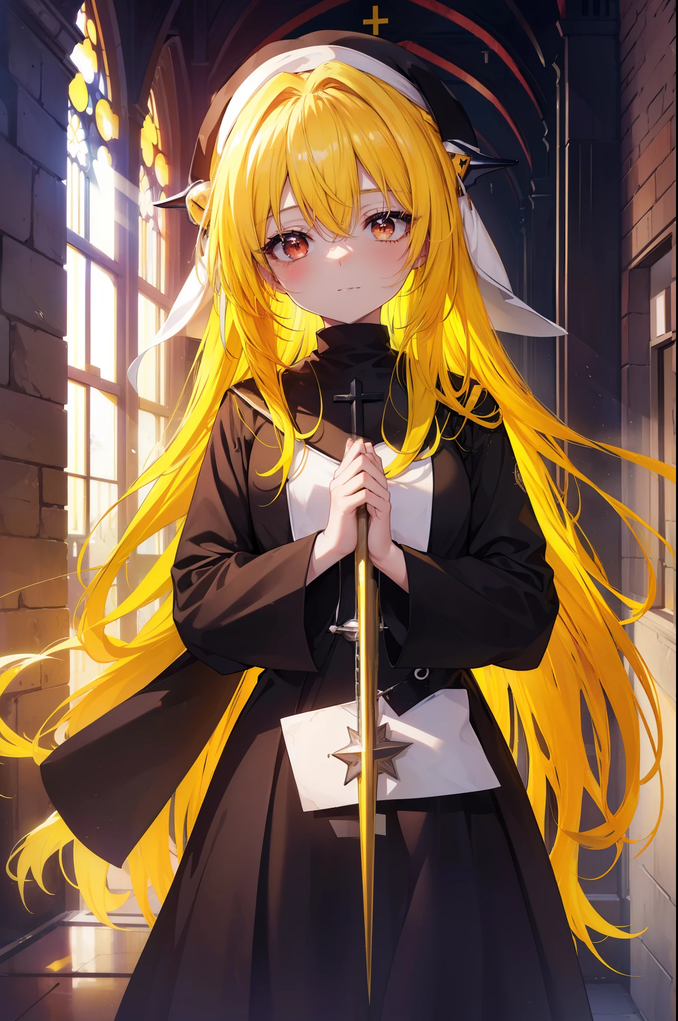 toloverumy, my, (yellow hair:1.5), long hair, (red eyes:1.5), (hair ornaments:1.2), smile,blush,break habit, long sleeve,black nun, robe, black robe, wide sleeve,祈りの手
break indoors,church ,
break looking at viewer, (cowboy shot:1.5),
break (masterpiece:1.2), highest quality, High resolution, unity 8k wallpaper, (figure:0.8), (detailed and beautiful eyes:1.6), highly detailed face, perfect lighting, Very detailed CG, (perfect hands, perfect anatomy),