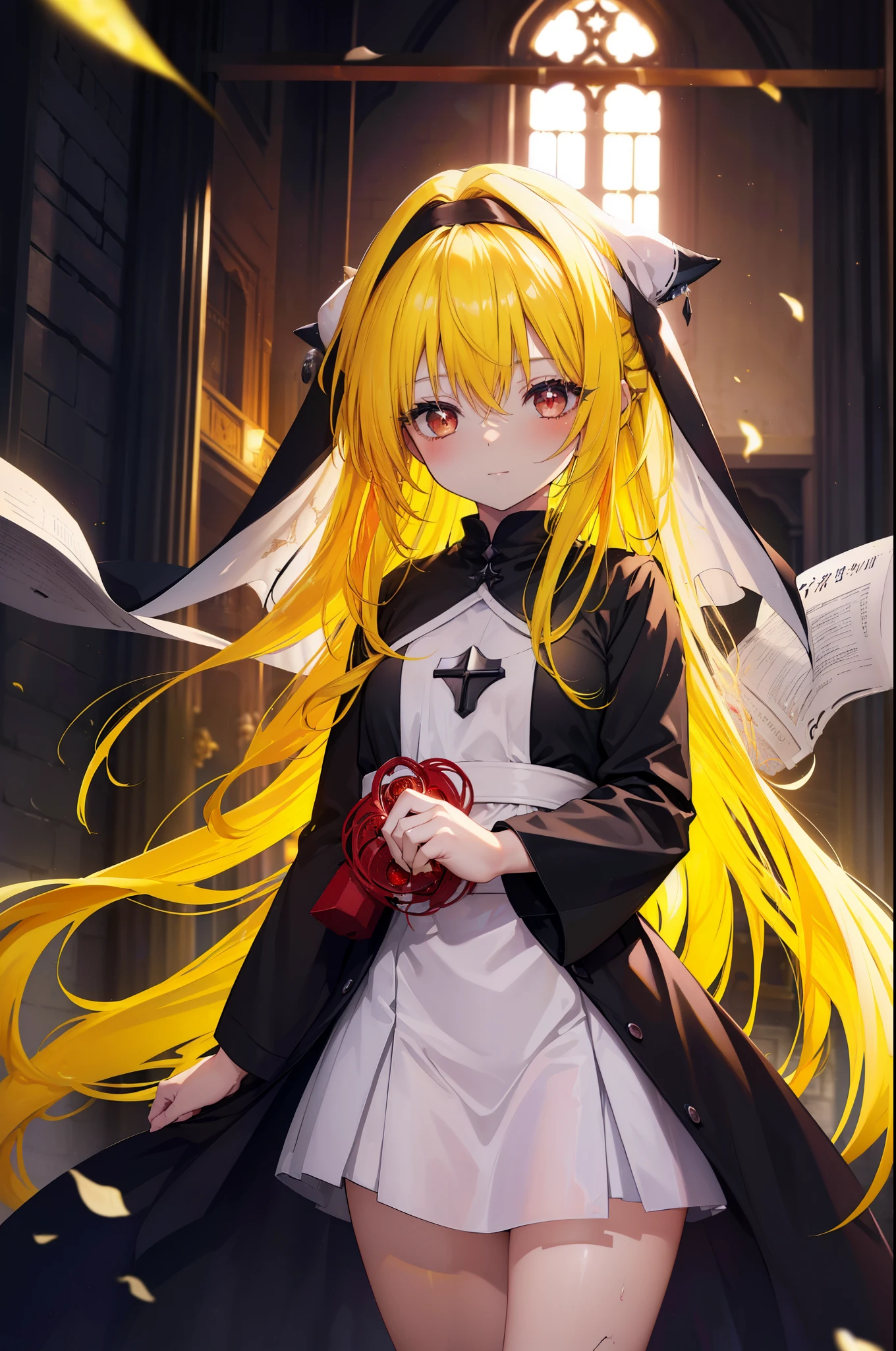 toloverumy, my, (yellow hair:1.5), long hair, (red eyes:1.5), (hair ornaments:1.2),  smile,blush,break habit, long sleeve,black nun, robe, black robe, wide sleeve,祈りの手
break indoors,church ,
break looking at viewer, (cowboy shot:1.5),
break (masterpiece:1.2), highest quality, High resolution, unity 8k wallpaper, (figure:0.8), (detailed and beautiful eyes:1.6), highly detailed face, perfect lighting, Very detailed CG, (perfect hands, perfect ???????),