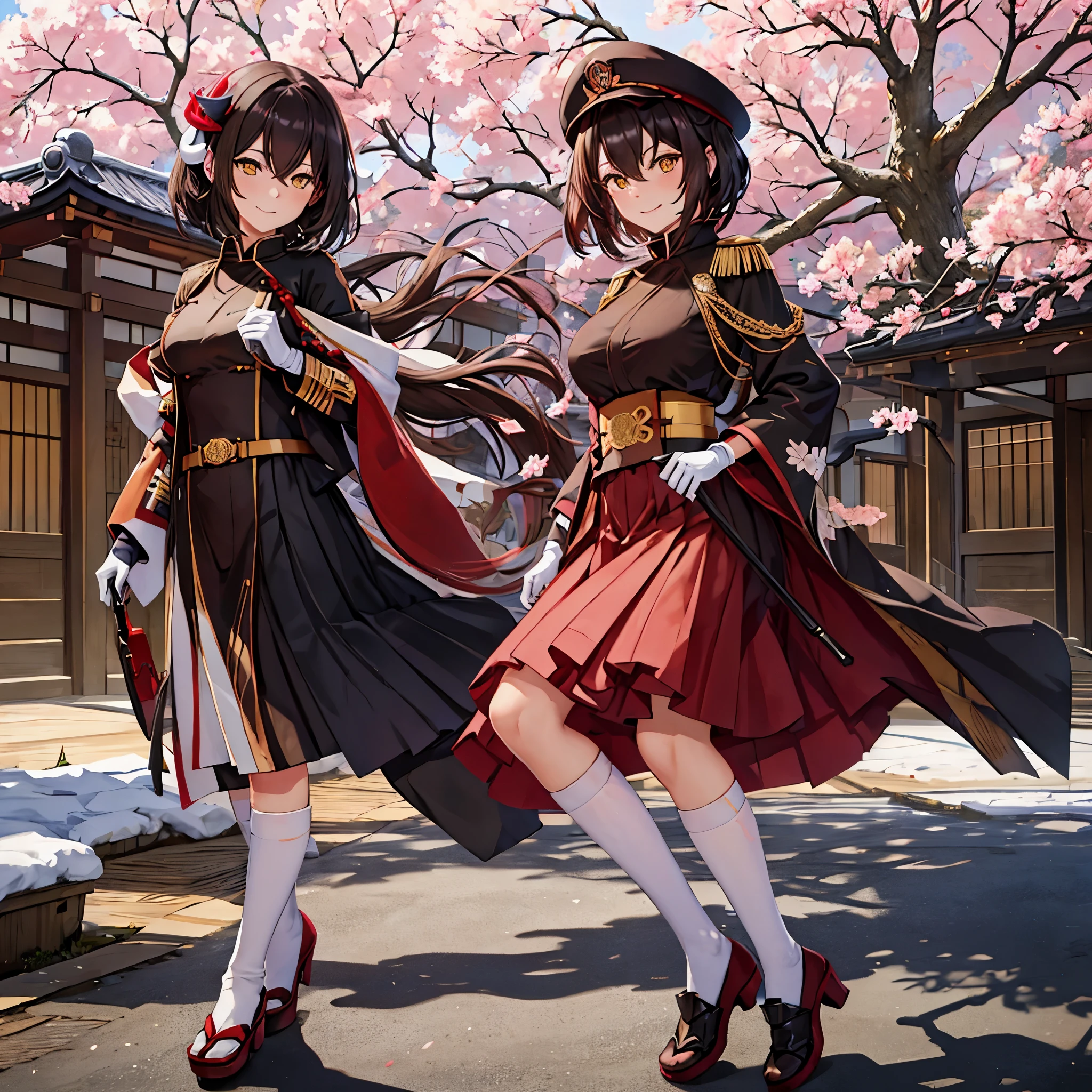 A woman in black military clothing with red details, outside a traditional Japanese palace, white horns, with sakura trees around her, short brown hair, yellow eyes, smiling, ultra resolution, masterpiece, very detailed, 4k hd
