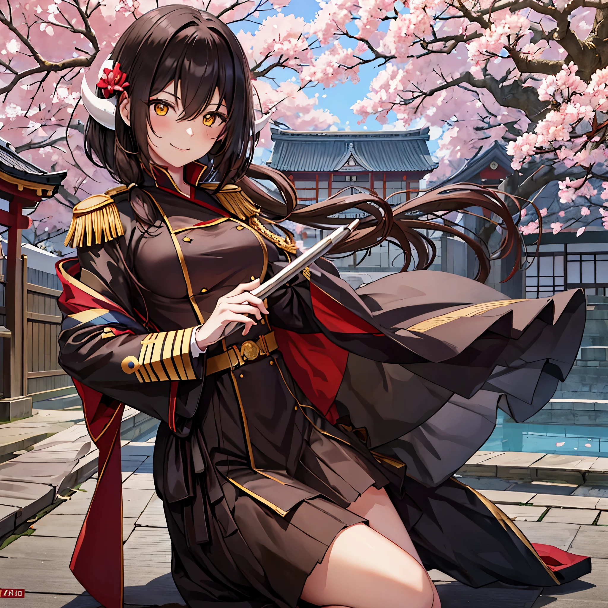 A woman in black military clothing with red details, outside a traditional Japanese palace, white horns, with sakura trees around her, short brown hair, yellow eyes, smiling, ultra resolution, masterpiece, very detailed, 4k hd
