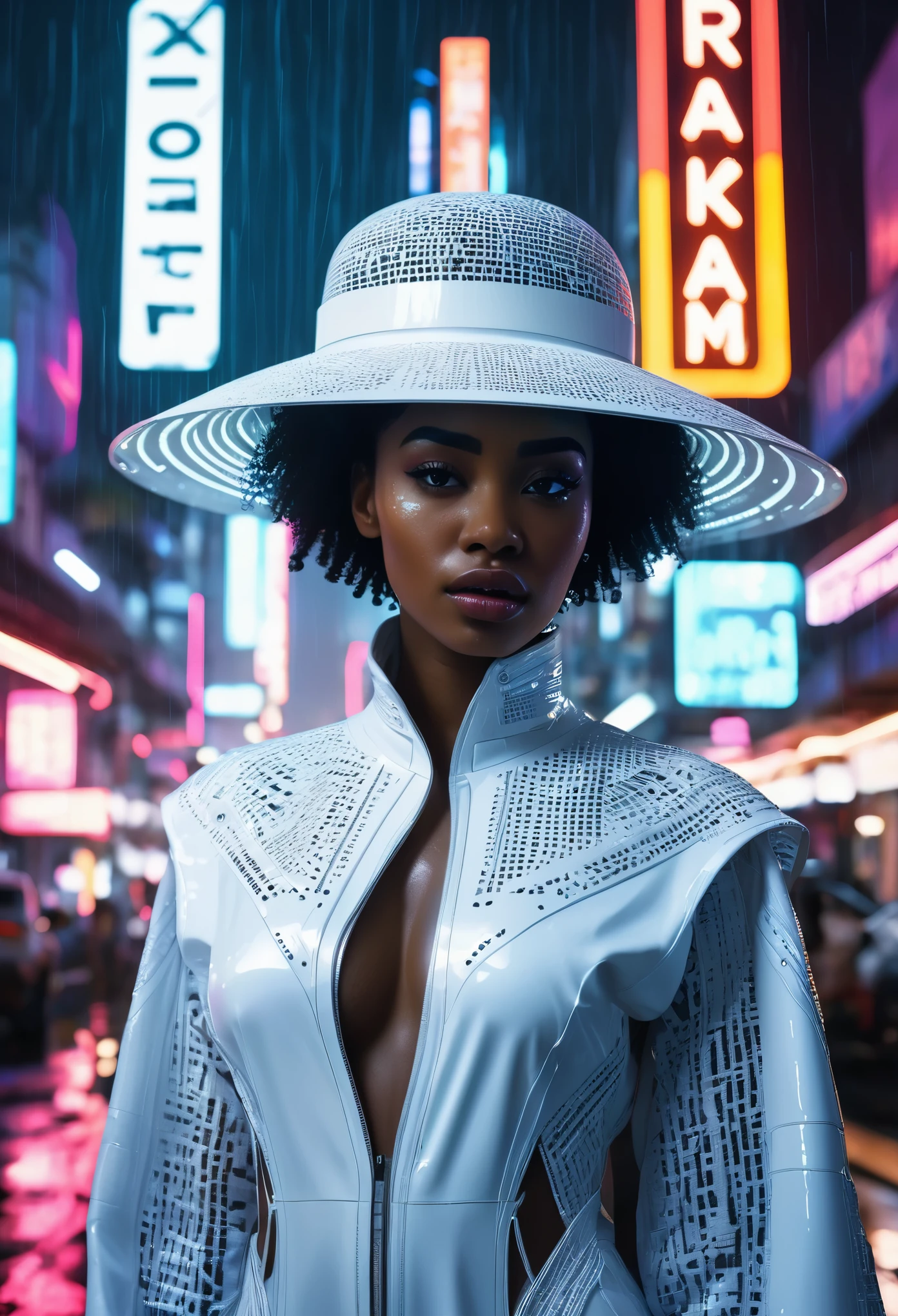 Black woman dressed in an African designed all white dress with a white hat over her head, standing in the middle of the cyber punk city, night time with neon city lights shining a medium light in the scene, rain drizzling, wet road surface with reflections of the black woman and city infrastructure, a beautiful sci-fi Afro futuristic cinematic scene that captures the essence of imagination and wonder, highly detailed and ultra HD images shot on 70mm IMAX cameras.