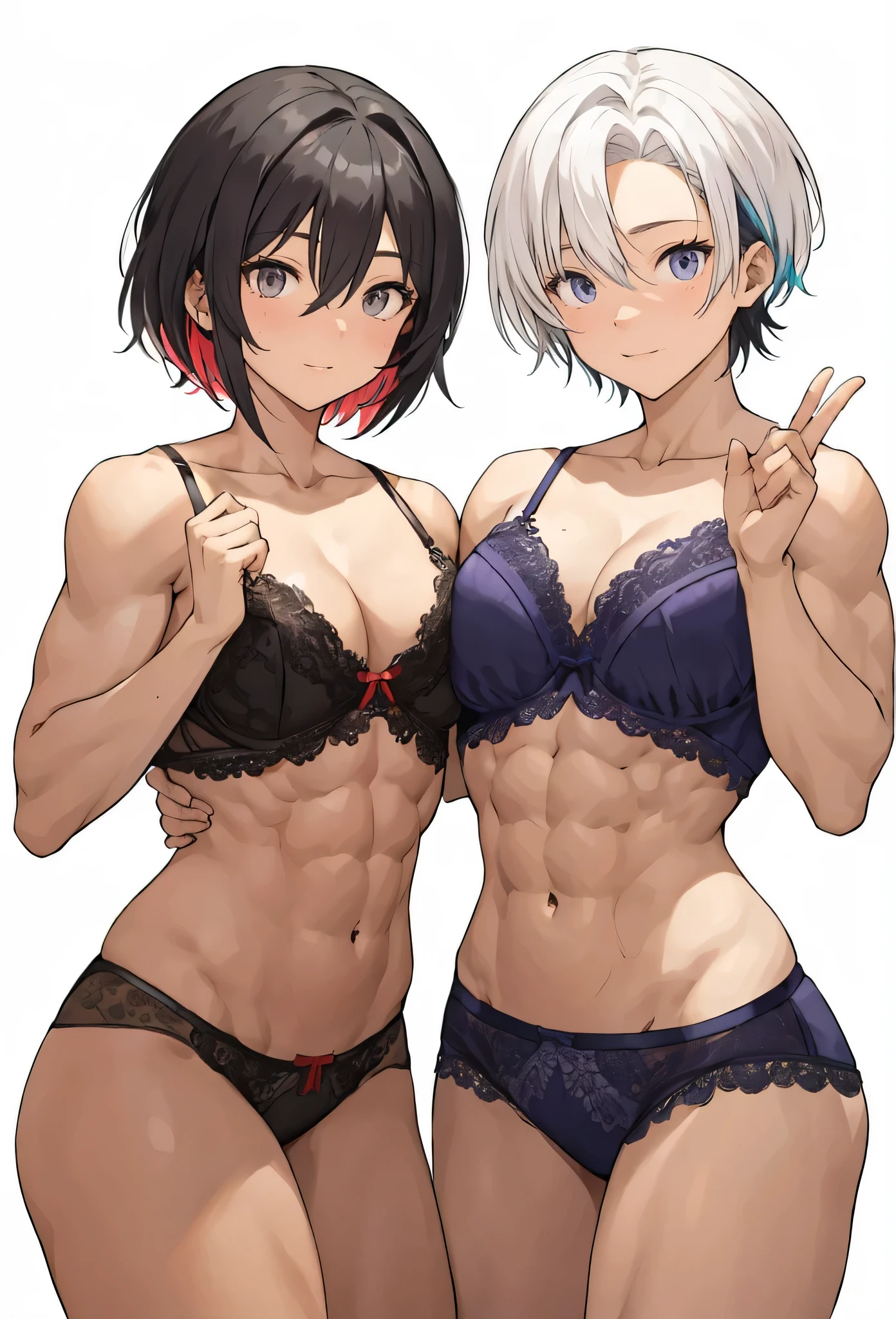 2 girls, muscular girl, abdominal muscles, Alternative muscle size,muscular thighs,Cowboy shooting, short hair, white hair, colorful hair, black hair, mole under the eye,underwear