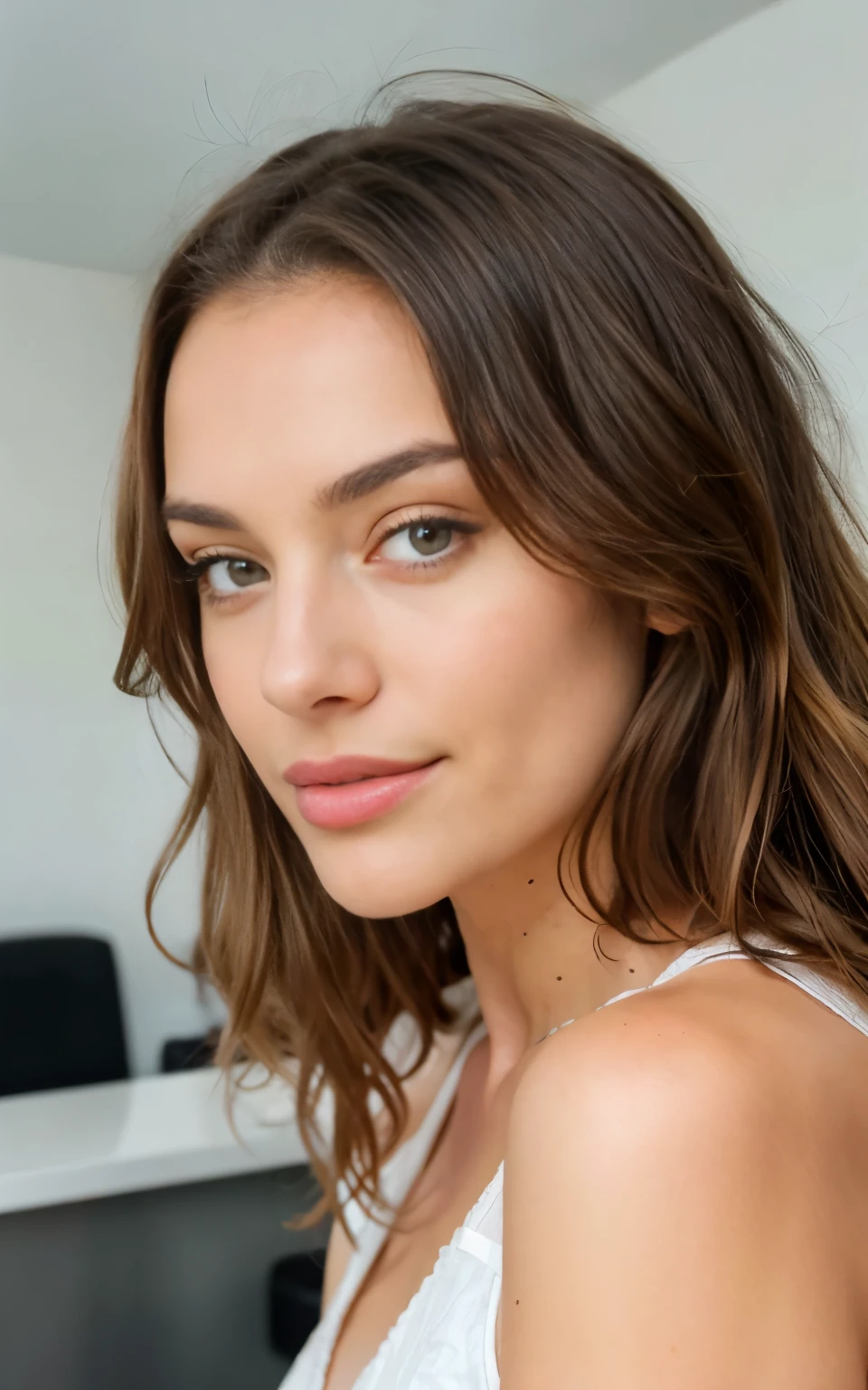 Belle brune portant un pull beige clair (Nail care in a modern beauty salon), Very detailed, 21 ans, visage innocent, natural wavy hair, yeux bleus, High resolution, Masterpiece, Best quality, Intricate details, highly detailed, mise au point nette, detailed skin, realistic skin texture, texture, detailled eyes, professionnel, 4K, sourire charmant, filmed on Canon, 85 mm, faible profondeur de champ, Couleur Kodak Vision, perfect fit body, Extremely detailed, photographier_\(ultra\), photoreallistic, Realstic, Post-traitement, maximum details, roughness, real life, ultra realist, photorealism, photographie, 8K UHD, photographie, Travail, bureau