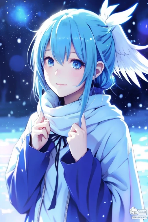 Anime girl with blue hair and wings in winter scene, Anime drawn by Hitoshi Homura, pixiv, conceptual art, 肌cold, cold, with your index finger, icy, Rimuru tempest, a cold, ayaka genshin impact, anime moe art style, cold snowy, rimuru, it's snowing, Cute girl anime visual, Kantai Collection Style