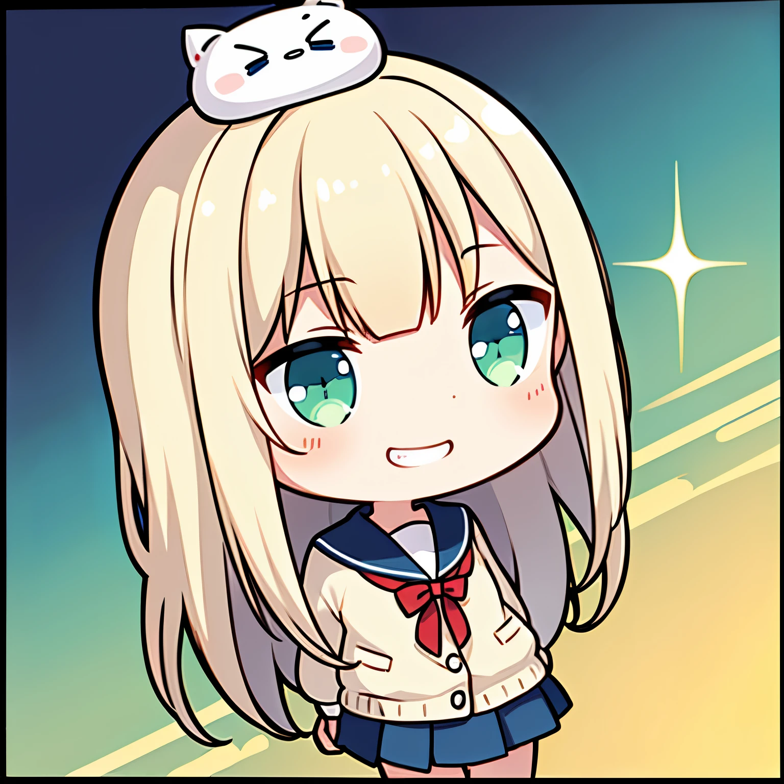 looking back, bust-up images, chibi, full body, (big head:1.5), super deformed character, best quality, super fine, 16k, incredibly absurdres, extremely detailed, intelligent beauty, mischievous grin, happy, smile, shy, ivory medium hair, wearing high school summer uniform, dull beige cardigan, green eyes, BREAK , background variety of visual styles that combine various artistic elements like a sparkling iridescent pastel and vivid colors