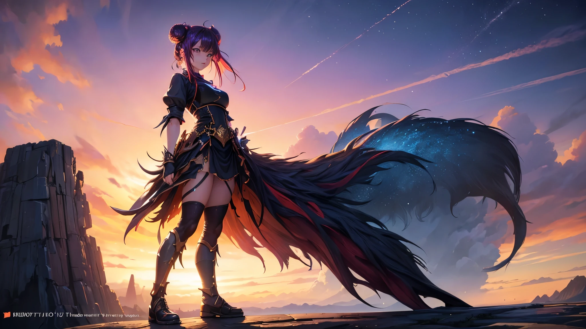 (Dynamic angle:1.4), ((Full body posing:1.5), (colorful:1.2), (extremely detailed CG unity 16k wallpaper:1.1), (Denoising strength: 1.45), (tmasterpiece:1.37), ((official art)), top quality, sunset, sky, the top of the hill, steam, game cg, science fiction, monster, orc, double bun, shiny hair, multicolored hair, slit pupils, no nose, (masterpiece), (masterpiece), masterpiece, best quality