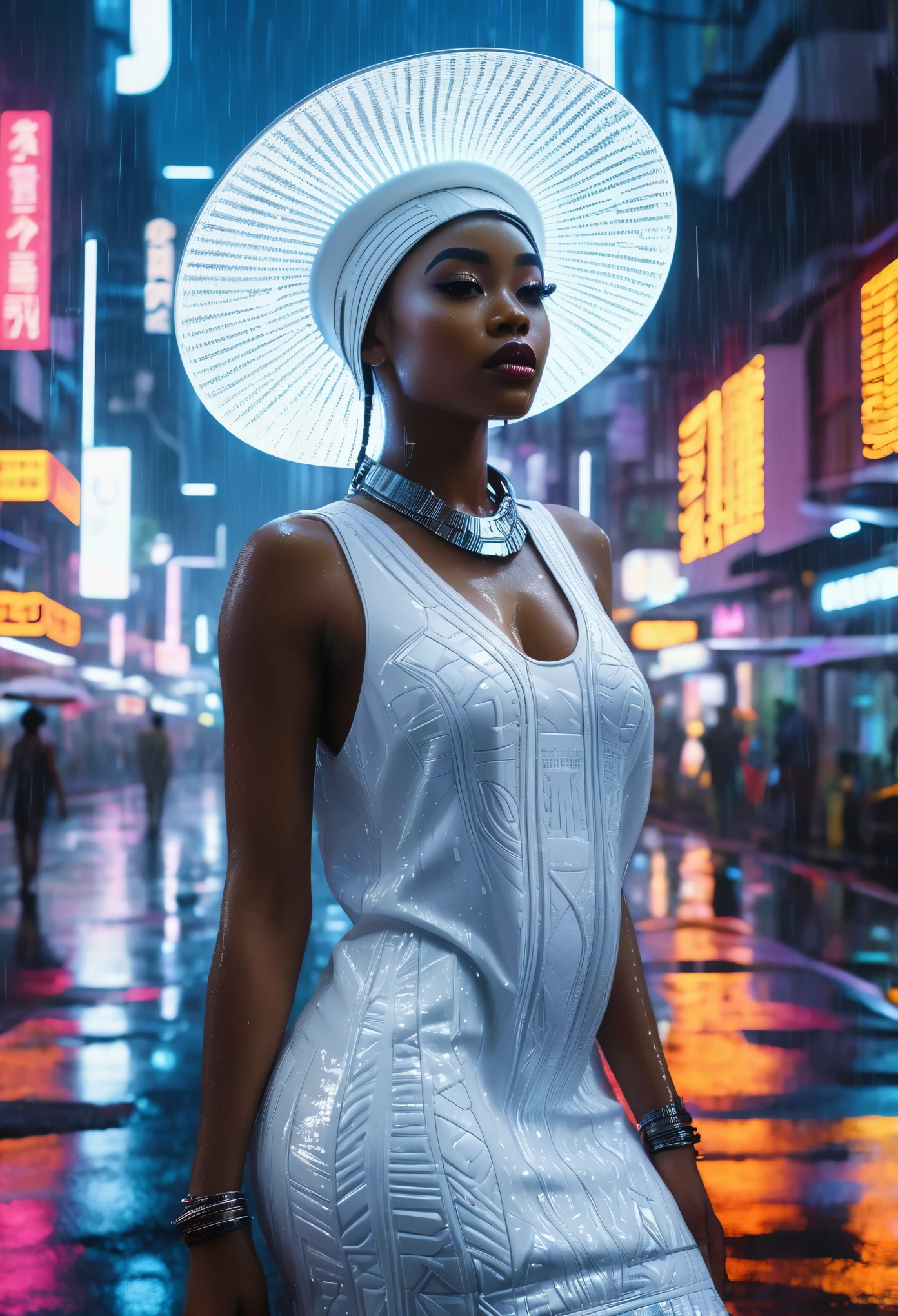 Black woman dressed in an African designed all white dress with a white hat over her head, standing in the middle of the cyber punk city, night time with neon city lights shining a medium light in the scene, rain drizzling, wet road surface with reflections of the black woman and city infrastructure, a beautiful sci-fi Afro futuristic cinematic scene that captures the essence of imagination and wonder, highly detailed and ultra HD images shot on 70mm IMAX cameras.