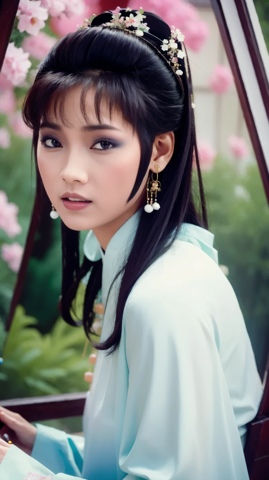 fashion model 18 years old [[[[Close-up cleavage]]]], [[[[]]]], [[[[Cole]]]], [[[[bshoulder]]]], perfect eyes, perfect iris，perfect lips，perfect teeth，Perfect skin，fair skin，high dynamic range，movie girl，white chinese clothing，A delicate face，The background is Chinese interior decoration，Outside the window is a mountain of green trees，flowers，4k ultra high definition, ultra high resolution, (lifelike: 1.4), best quality，masterpiece，（pastel colors：1.2）