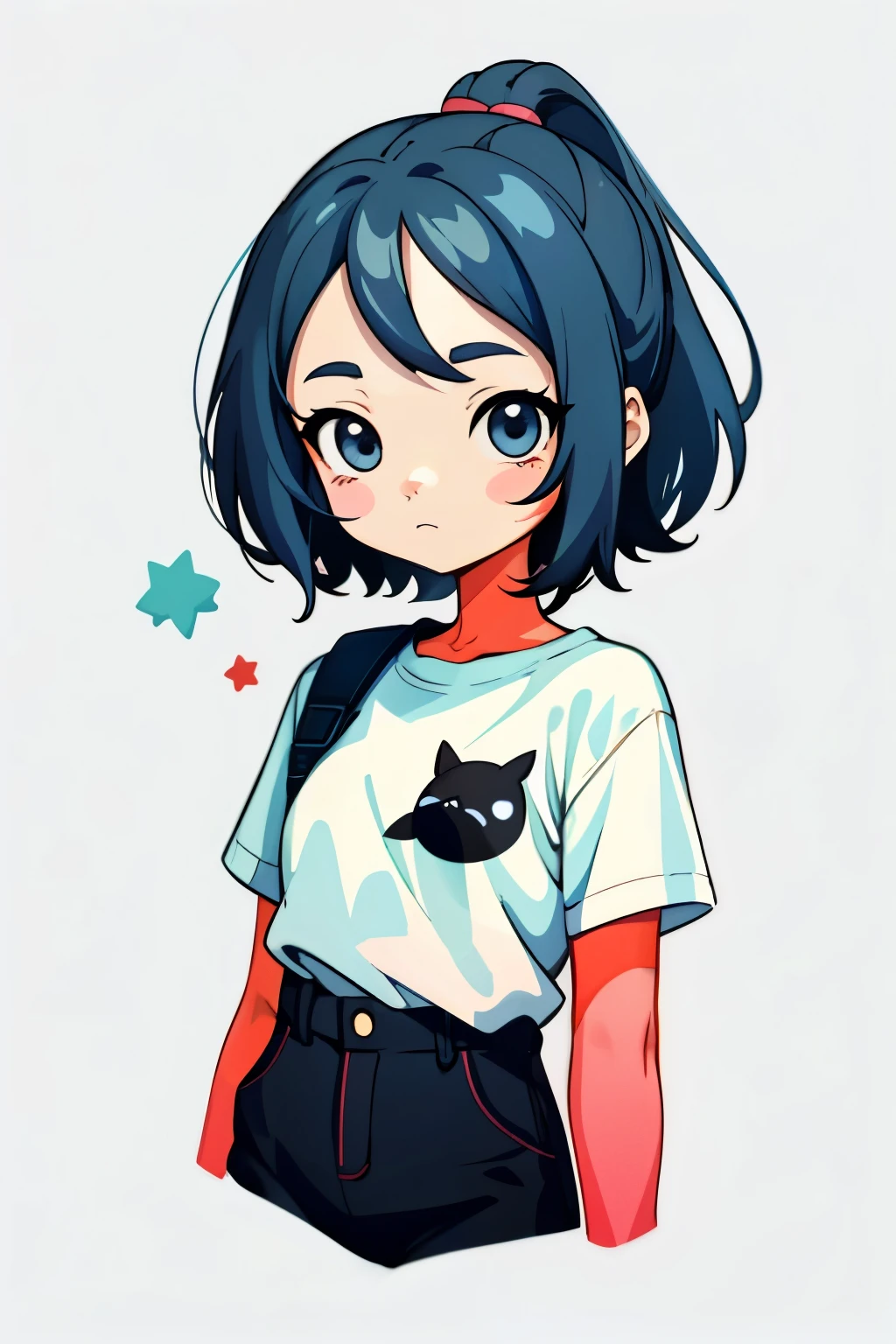 Anime girl wearing a minimalist shirt adorned with four spaced stickers. Each sticker is simple in design, featuring few colors and strokes.