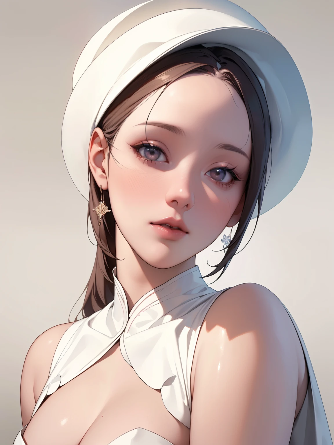 A woman from Alafid wearing a white hat and a red lip dress, with pale porcelain skin, guweiz, a masterpiece of guweiz style artwork, soft portrait photography in 8K, a pale young ghost girl, porcelain skin, by Russell Dongjun Lu, elegant lady with snowflake plastered skin. (best quality, 8K, highres, masterpiece:1.2), ultra-detailed, (realistic, photorealistic, photo-realistic:1.37), portraits, pale color tones, gentle lighting.
