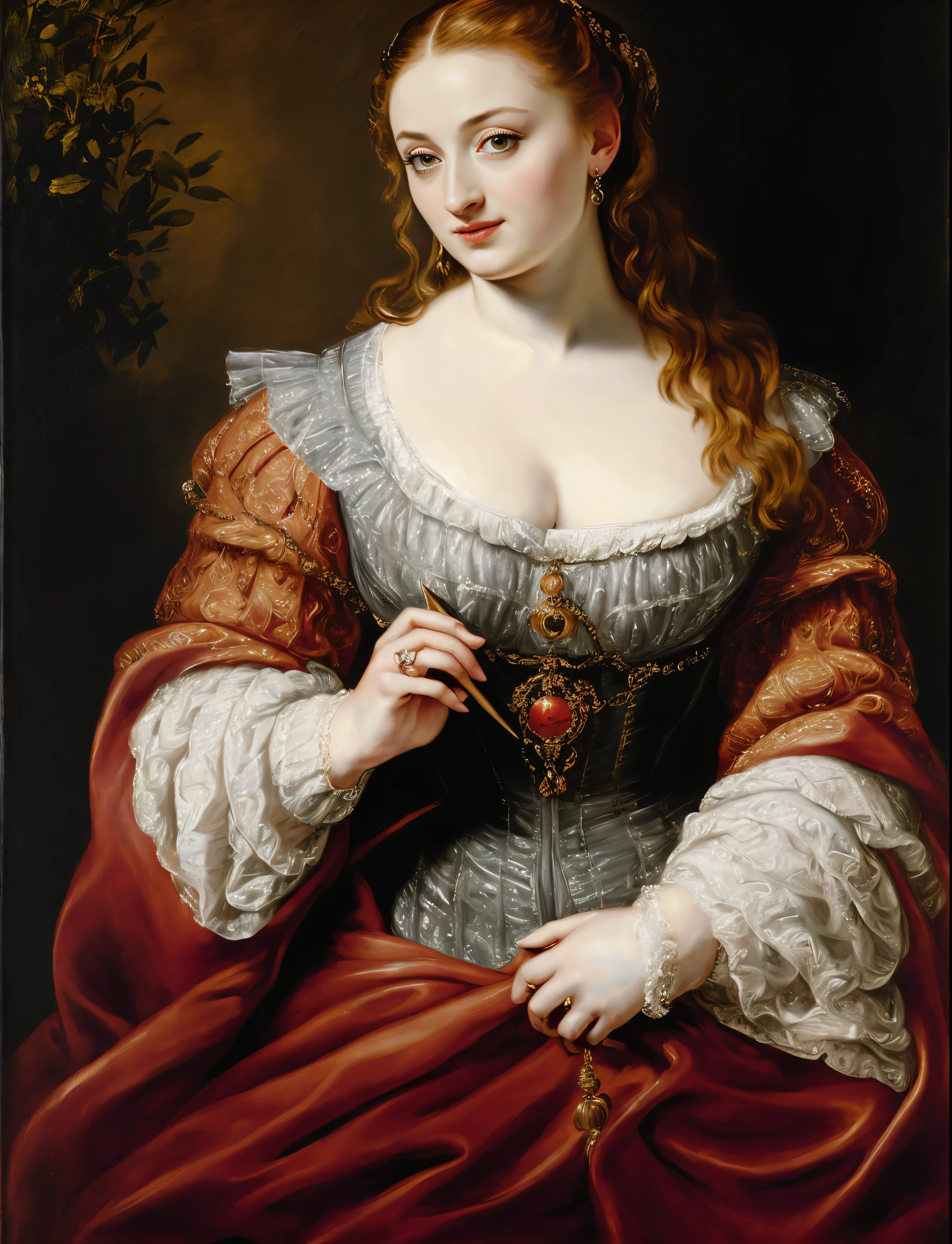 In Peter Paul Rubens style, portrait of Sansa Stark from game of thrones, Sansa Stark played by Sophie Turner, girl, middle ages, classicism, Peter Paul Rubens style, painting, traditional media, realistic, figurative, fine art, oil on canvas, HDR, 8K, original character, high resolution, high detail, focus on the face, by Peter Paul Rubens,