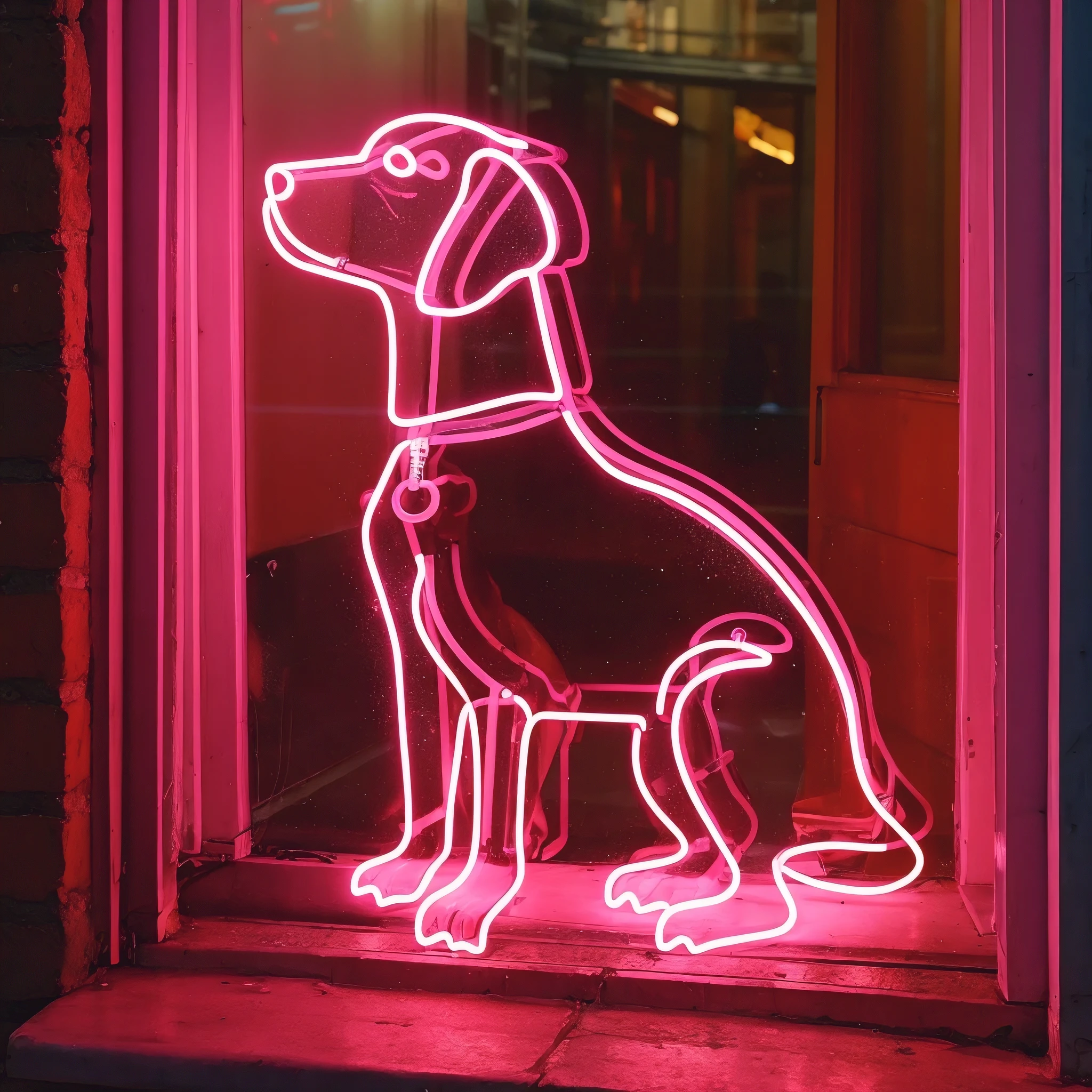(a pink neon tube light shaped like a dog),highres,ultra-detailed,vivid colors,bokeh,portraits,dog,night scene,cityscape,luminous shine,reflective surface,glowing effect,urban art,modern,attention-grabbing,street style,neon lights,urban lifestyle,energetic ambiance,electric atmosphere,nocturnal aesthetic,creative design,sleek and contemporary,playful,positive vibes,dynamic composition,eye-catching,striking contrast,futuristic,stylized,nightlife,cosmopolitan,exciting,modern art,colored lights,dog lovers,pop culture,urban exploration↵