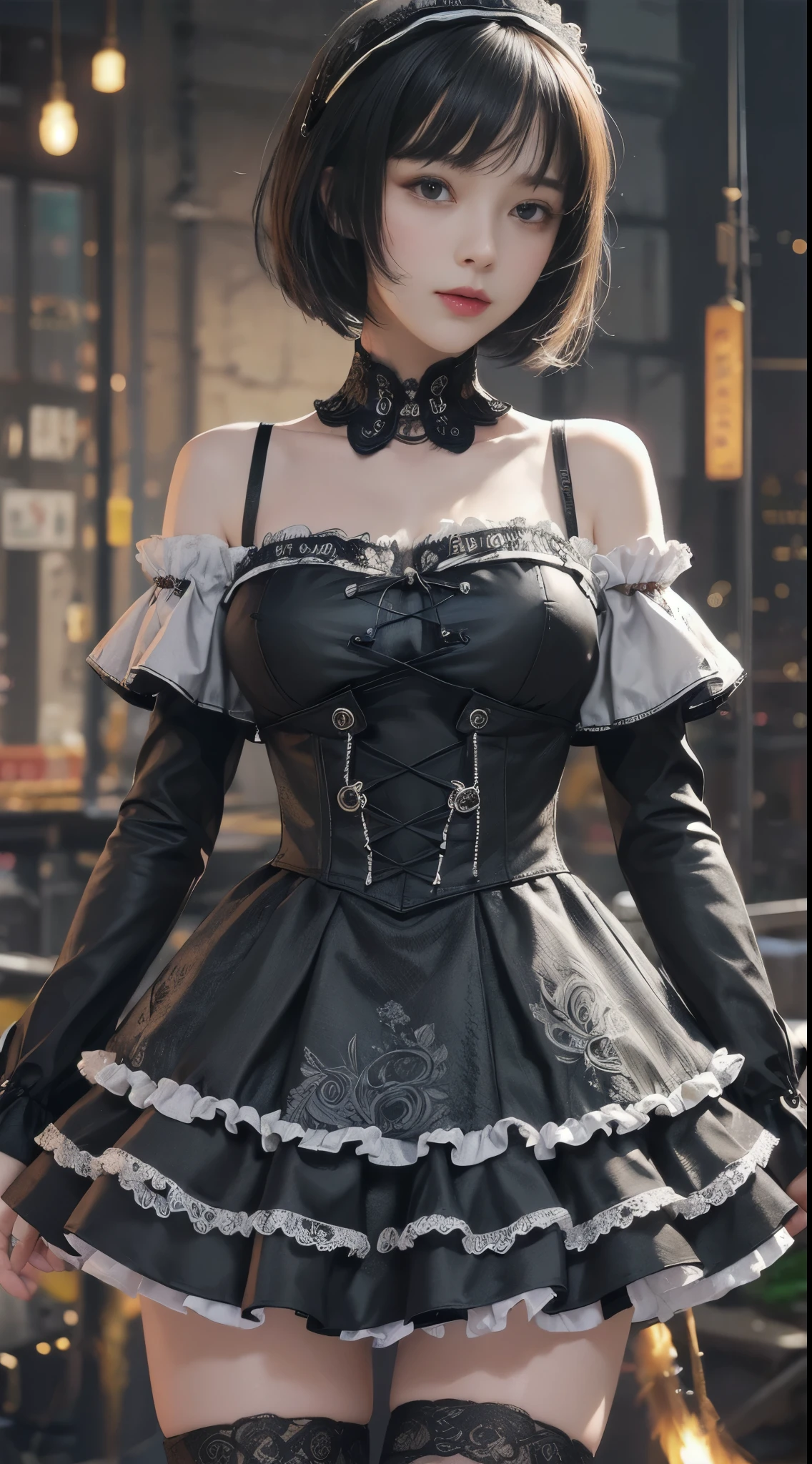 (((masterpiece, highest quality, Super detailed))), 1 female, (((very thin body))) , (((length, thin legs))), (((black short bob, thick fluffy bangs ))), (((highly detailed face))), No cosmetics, small and thin nose, thin mouth with small lips, (((Very sharp focused eyes))), Precise pale gray eyes with large slits, shine like a jewel, length eyelashes, ((Highly decorative intricate mechanical steampunk fashion, Lace Flare Mini Skirt, above the knee lace stockings, Lace Off Shoulder Lolita Fashion, Overly decorative fashion)), Abandoned Night, Complex mechanized steampunk factory catches fire and explodes, (((Overall accuracy has been dramatically improved, creating a Super detailed and realistic image))),  super realistic photos.