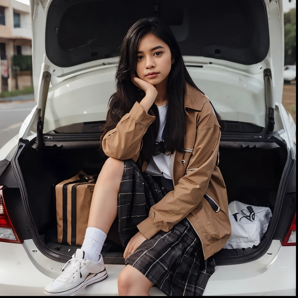 A Malay girl with straight black hair in a brown jeans jacket wears a white t-shirt and crem skirt, white sneakers and sits on the edge of the open trunk of the back of a parked white Bro car, looking at the camera
