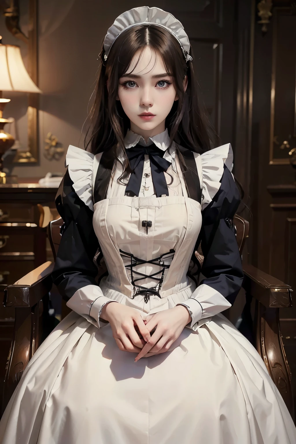 beautiful woman wear victorian maid outfits, long hair, dynamic pose, clear face, shy expression, perfect anatomy, korean model, good anatomy, highest quality, perfect quality, profesional photographer, ofiicial photoshoot, stunning eyes, thick eyelashes, maid outfits, adult woman, tall woman, standing, masterpiece