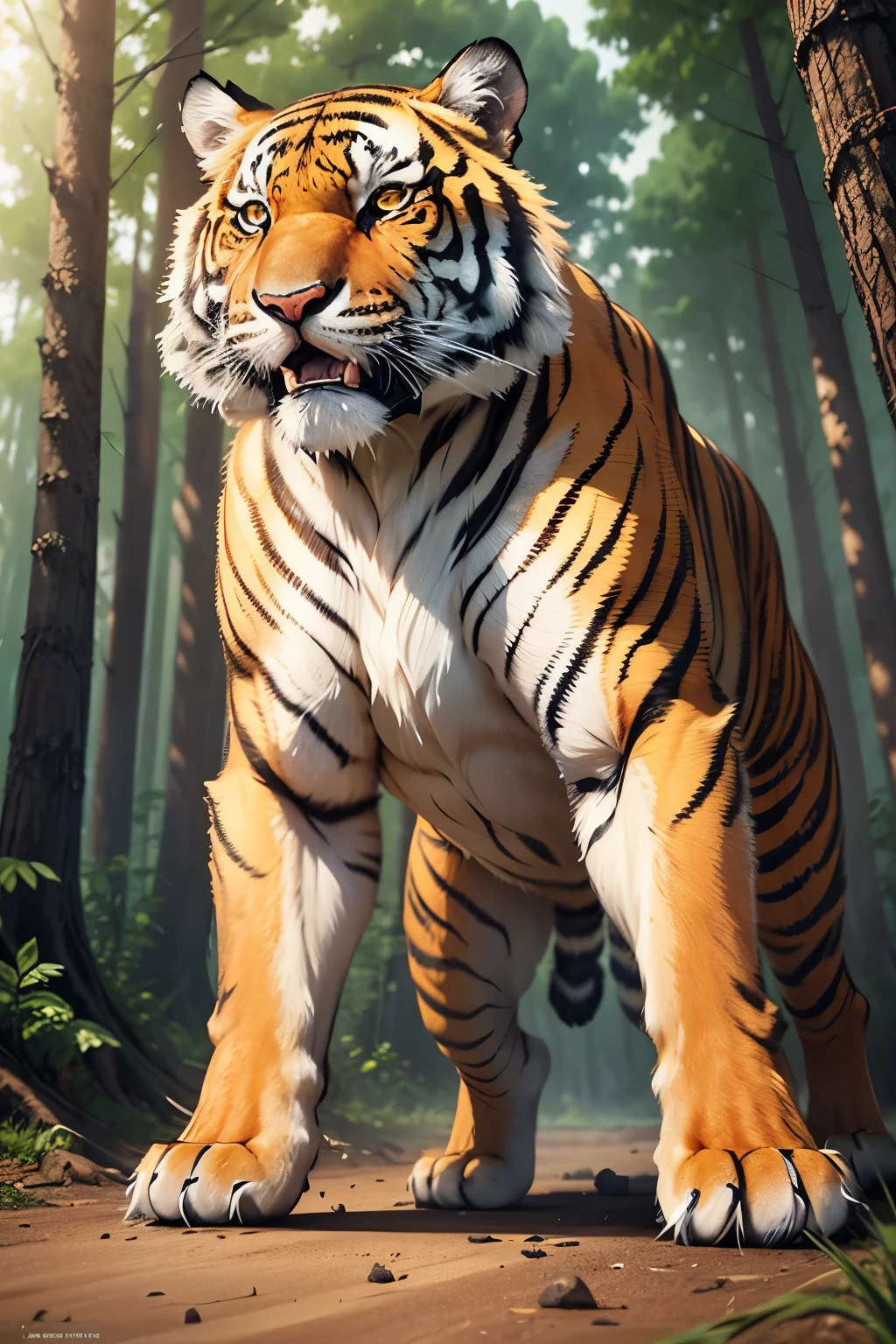 Tiger passing through the serene forest, its stripes glistening in the sun's rays, muscles rippling with power as it gracefully pads along, its piercing gaze locked onto the horizon. Suddenly, it catches a whiff of the nearest prey, and its eyes light up with hunger. With a fierce roar, the tiger springs into action, ready to pounce and claim its meal. But beware, for this majestic beast can also be unpredictable, switching from playful to deadly in a heartbeat. Keep a safe distance and marvel at the awe-inspiring sight of nature's magnificent predator.