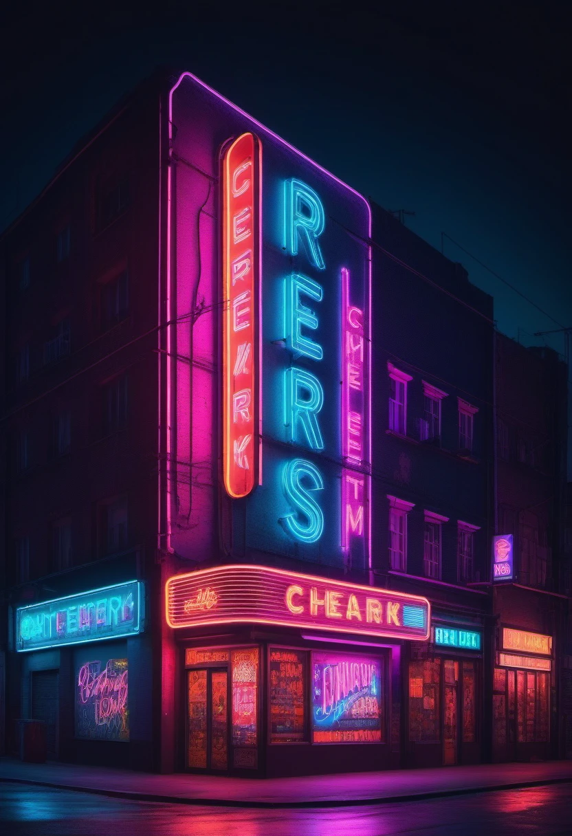 high-res, vibrant neon sign, colorful lights, glowing letters, retro style, urban atmosphere, street art, night scene, catchy designs, eye-catching typography, vintage feel, electric energy, glowing tubes, bright colors, dynamic composition, futuristic vibes