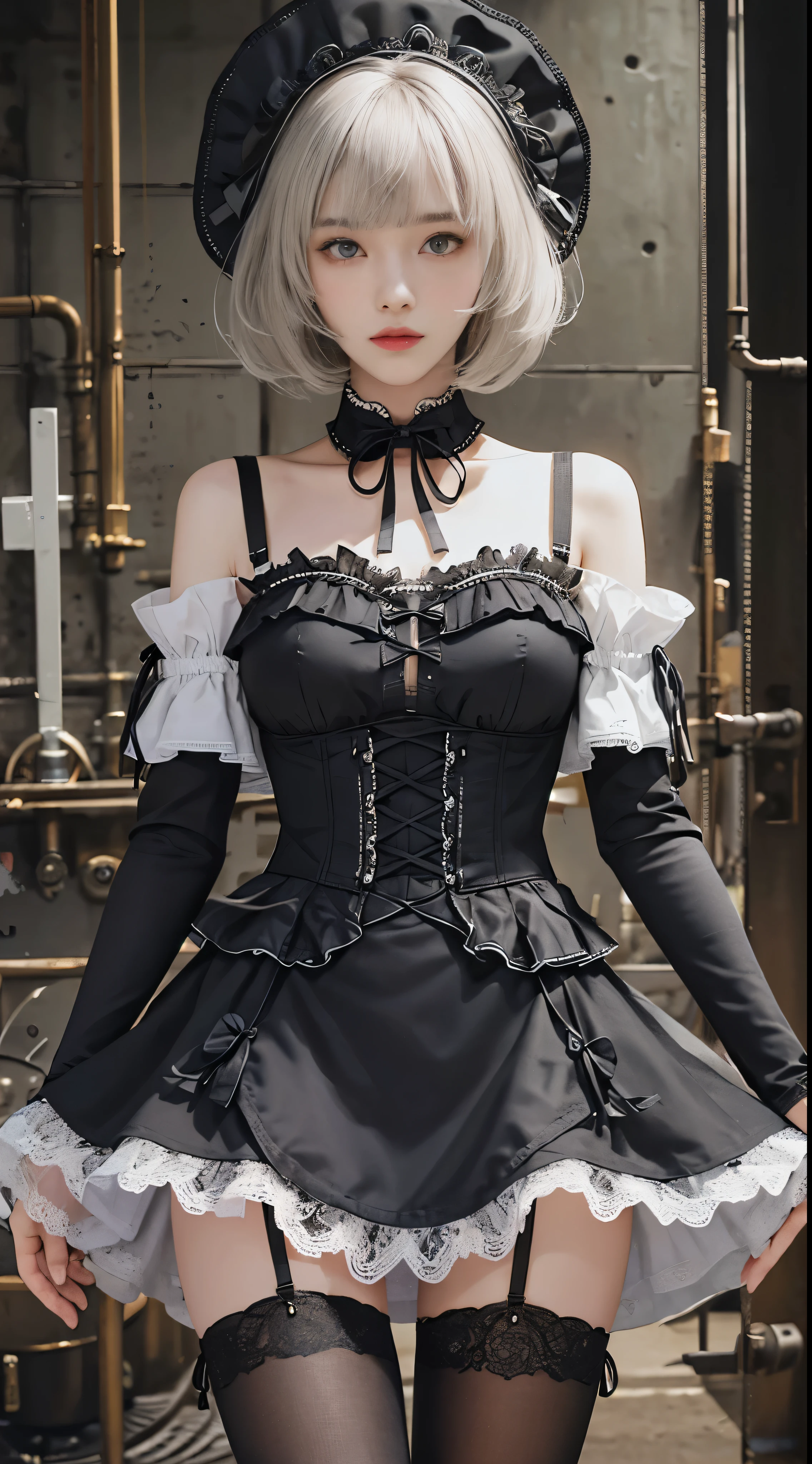 (((masterpiece, highest quality, Super detailed))), 1 female, (((very thin body))) , (((length, thin legs))), (((black short bob, thick and fluffy bangs ))), (((highly detailed face))), No cosmetics, small and thin nose, thin mouth and small lips, (((Very sharp focused eyes))), Precise pale gray eyes with large slits, shine like a jewel, length eyelashes, ((Highly decorative and intricate mechanical steampunk fashion, Lace Flare Mini Skirt, above the knee lace stockings, Lace Off Shoulder ta Fashion, Overly decorative fashion)), Abandoned Night, Complex mechanized steampunk factory catches fire、explosion, (((Overall accuracy has been significantly improved, creating a Super detailed and realistic image))), super realistic photos.