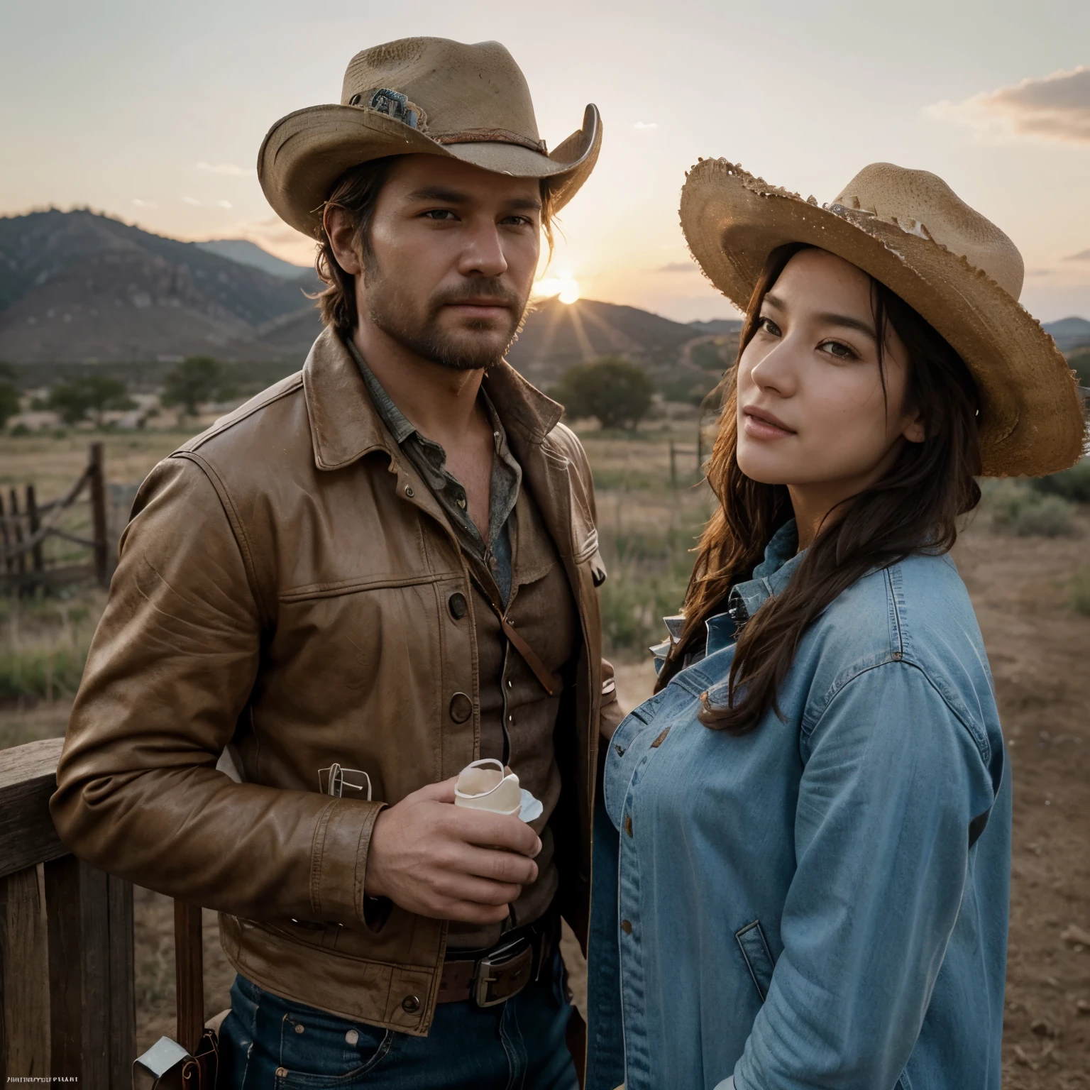(Best quality, ultra-high definition, cinematic: 1.1), 2 iconic figures, Arthur Morgan from Red Dead Redemption 2 and Kim Gaeul from K-pop group IVE, joyful encounter, sharing a scoop of ice cream, intricately detailed facial features, Harry with a scruffy beard and weathered face, Kim with flawless, radiant skin and captivating features, ARthur wearing a worn-out cowboy hat, Kim in vibrant stage outfit, lens focusing on their faces, moments of relaxation and connection, colors popping, warm and inviting atmosphere, laughter and joy, sun setting in the background.
(Masterpiece: