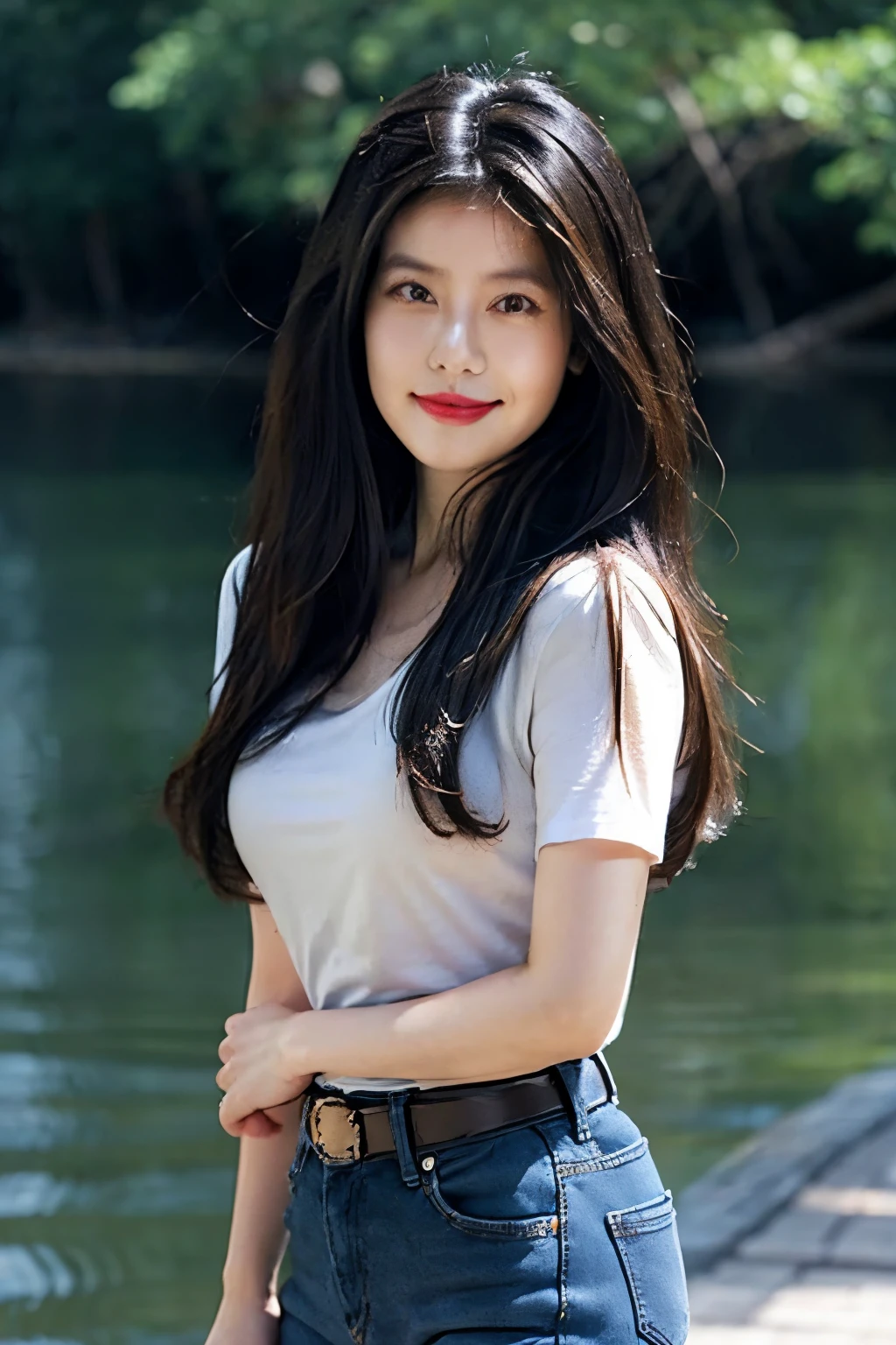 Draw lips correctly, red lipstick, from chest up, best quality, Super detailed, lifelike, Super fine skin, perfect anatomy, (1 日本Mature的女人), (alone),Wear a gray shirt,short sleeves,blue jeans,black belt,wavy long hair,37-year-old female,Mature,charming smile,outdoor background,stand,Leg length,Chubby,Big breasts,stand up,full-body shot