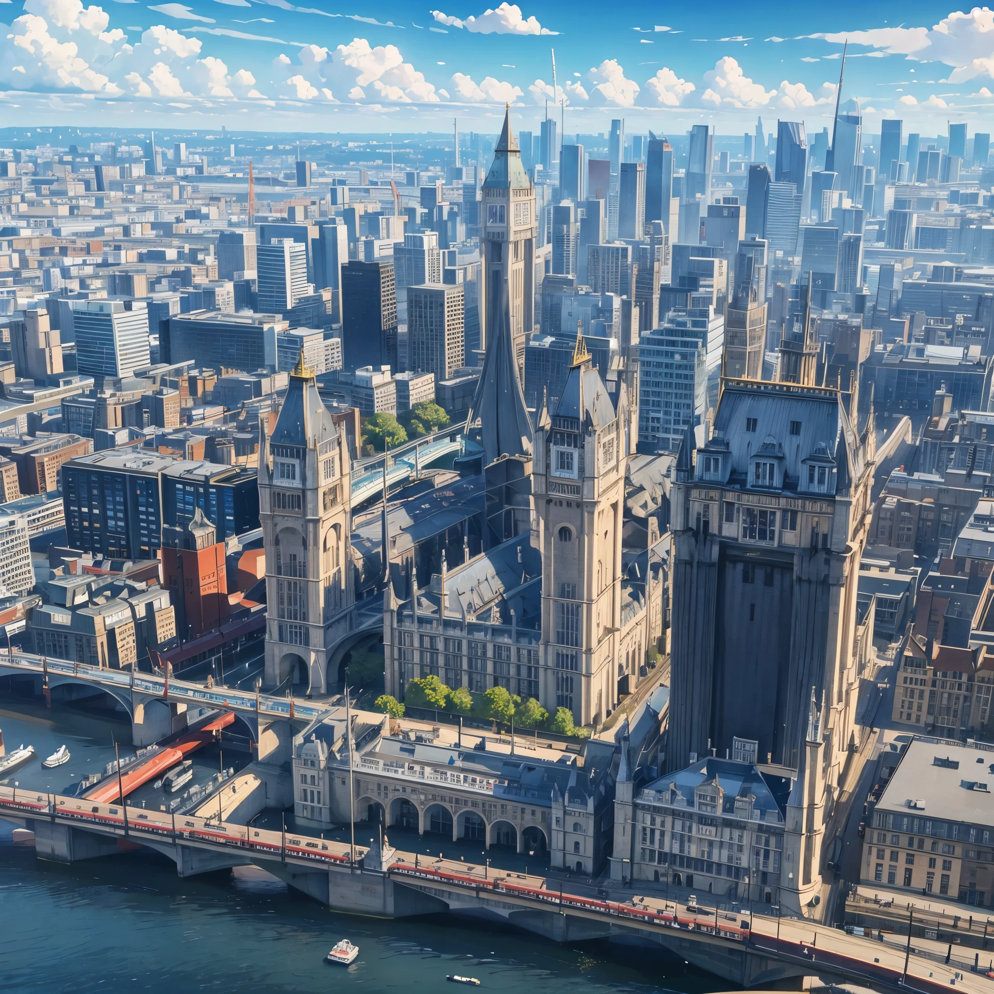 City of London, track with London buses, tower bridge in the background, blue sky with clouds, very detailed, work of art, ultra resolution, masterpiece, 4k hd.