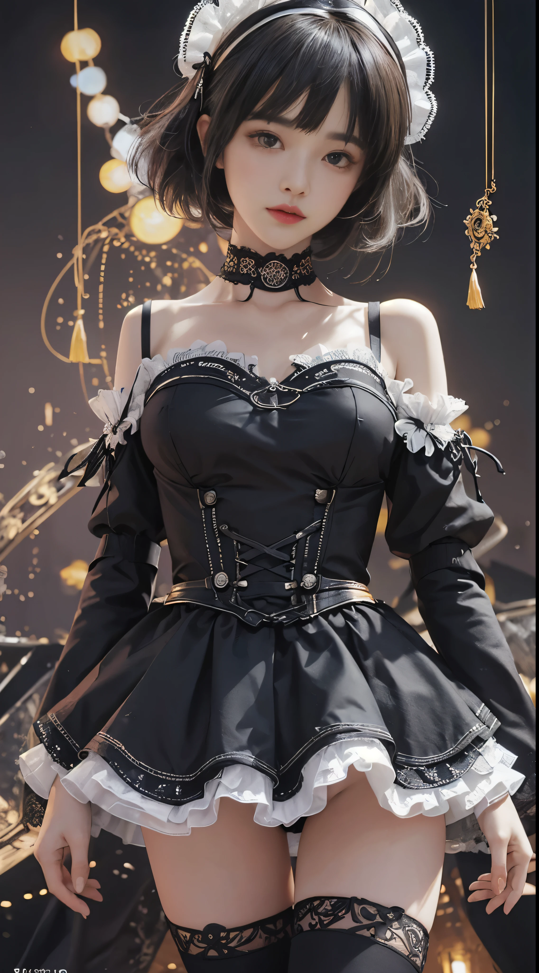 (((masterpiece, highest quality, Super detailed))), 1 female, (((very thin body))) , (((length, thin legs))), (((black short bob, thick and fluffy bangs ))), (((highly detailed face))), No cosmetics, small and thin nose, thin mouth and small lips, (((Very sharp focused eyes))), Precise pale gray eyes with large slits, shine like a jewel, length eyelashes, ((Highly decorative and intricate mechanical steampunk fashion, Lace Flare Mini Skirt, above the knee lace stockings, Lace Off Shoulder Lolita Fashion, Overly decorative fashion)), Abandoned Night, Complex mechanized steampunk factory catches fire、explosion, (((Overall accuracy has been significantly improved, creating a Super detailed and realistic image))), super realistic photos.