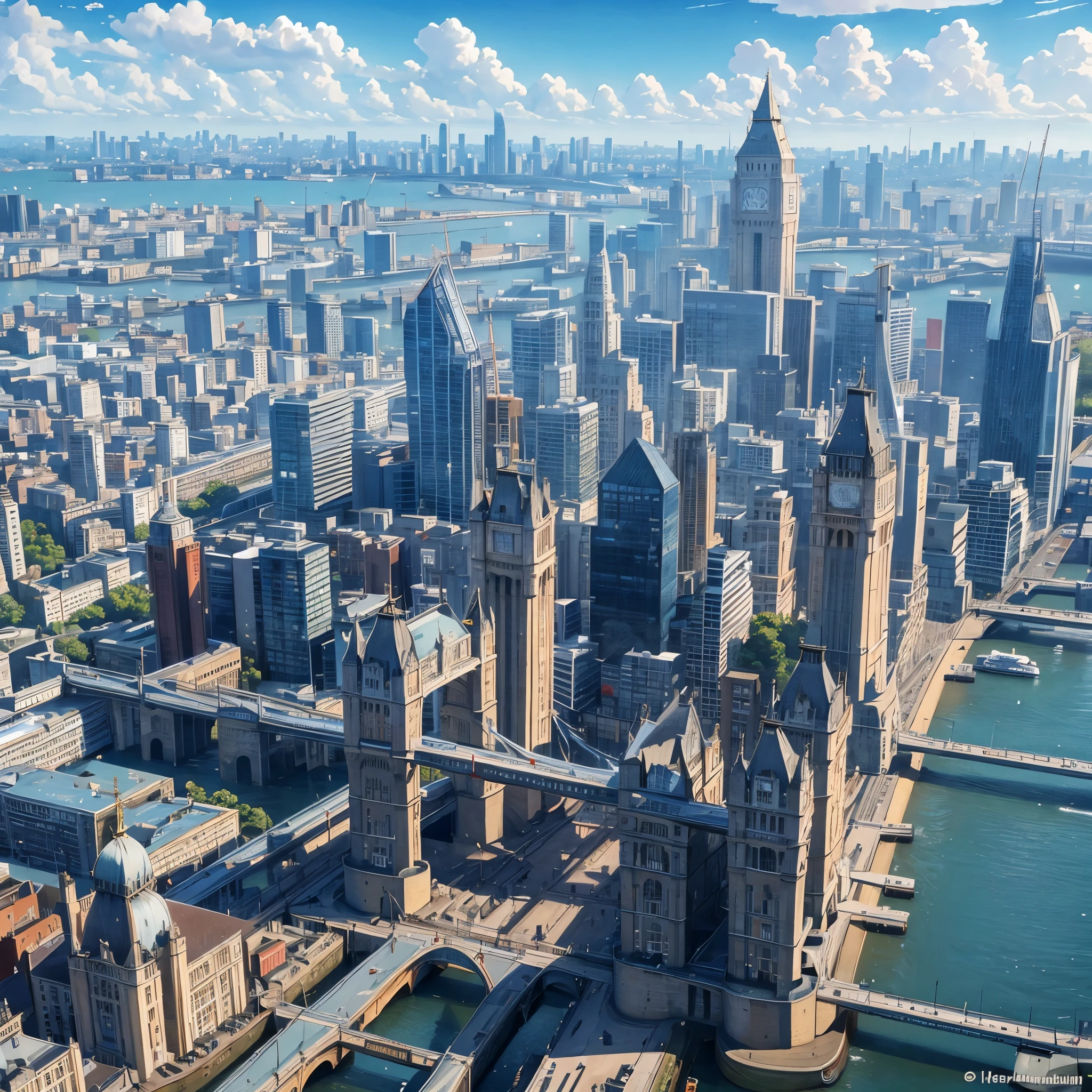 City of London, track with London buses, tower bridge in the background, blue sky with clouds, very detailed, work of art, ultra resolution, masterpiece, 4k hd.
