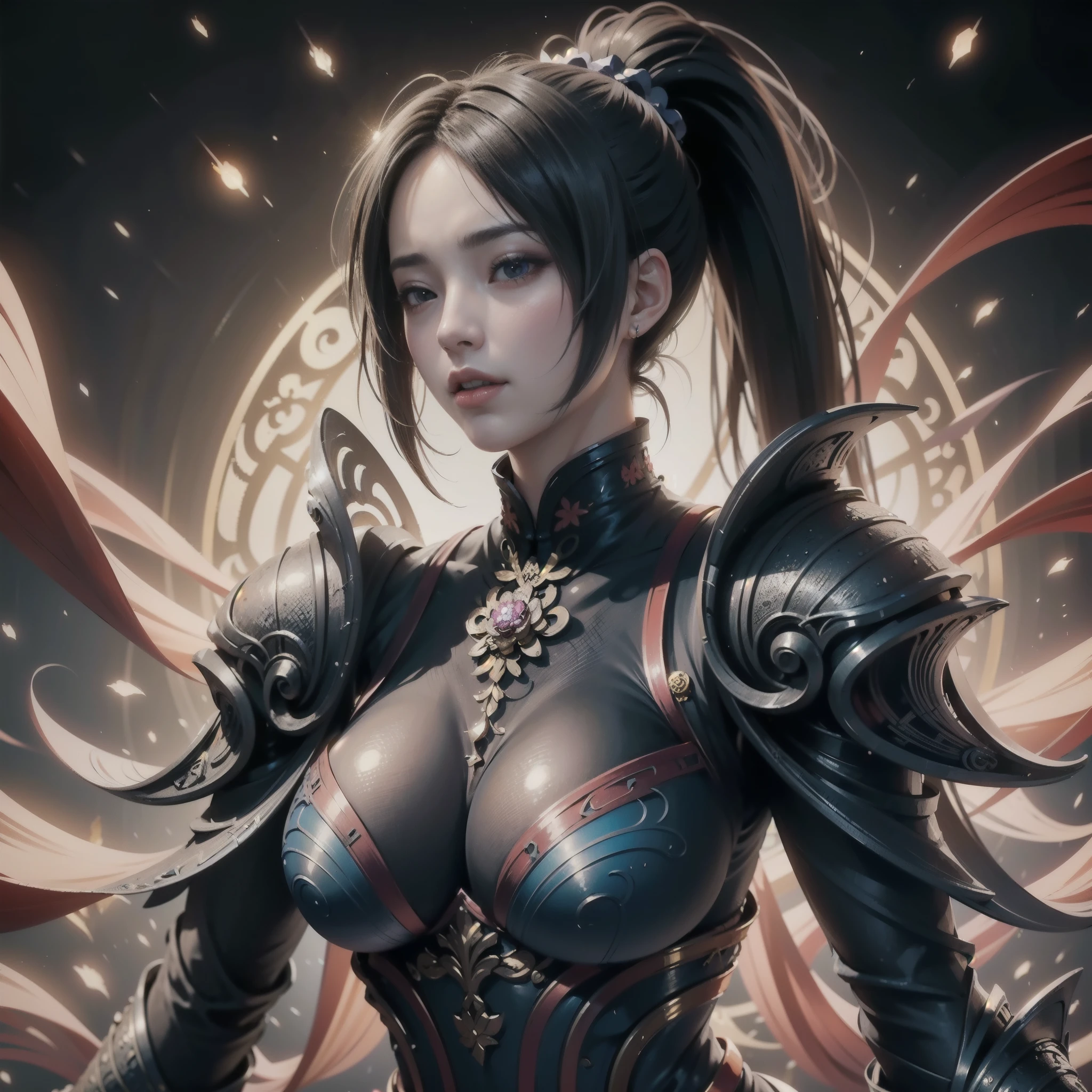(high quality), (masterpiece), (detailed), 8K, Surreal elastic futuristic depiction (1 girl 1.2), high ponytail,Chinese character wearing complex armor. Meticulous details reflect the fusion of tradition and innovation, Create visually stunning and powerful compositions. Popular topics on ArtStation,Upper body shot,Character centered,from below,(((full boby))),