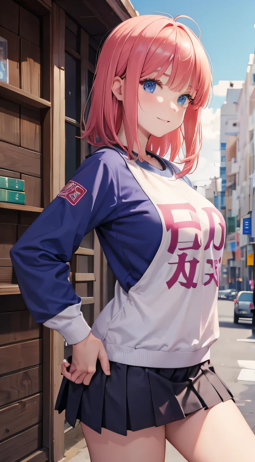 Nino Nakano riendo,colmillos,manos detalladas,Pose sexy,uniforme escolar color blanco de medias largas con sueter,preparatoria, see vagina, lift miniskirt
