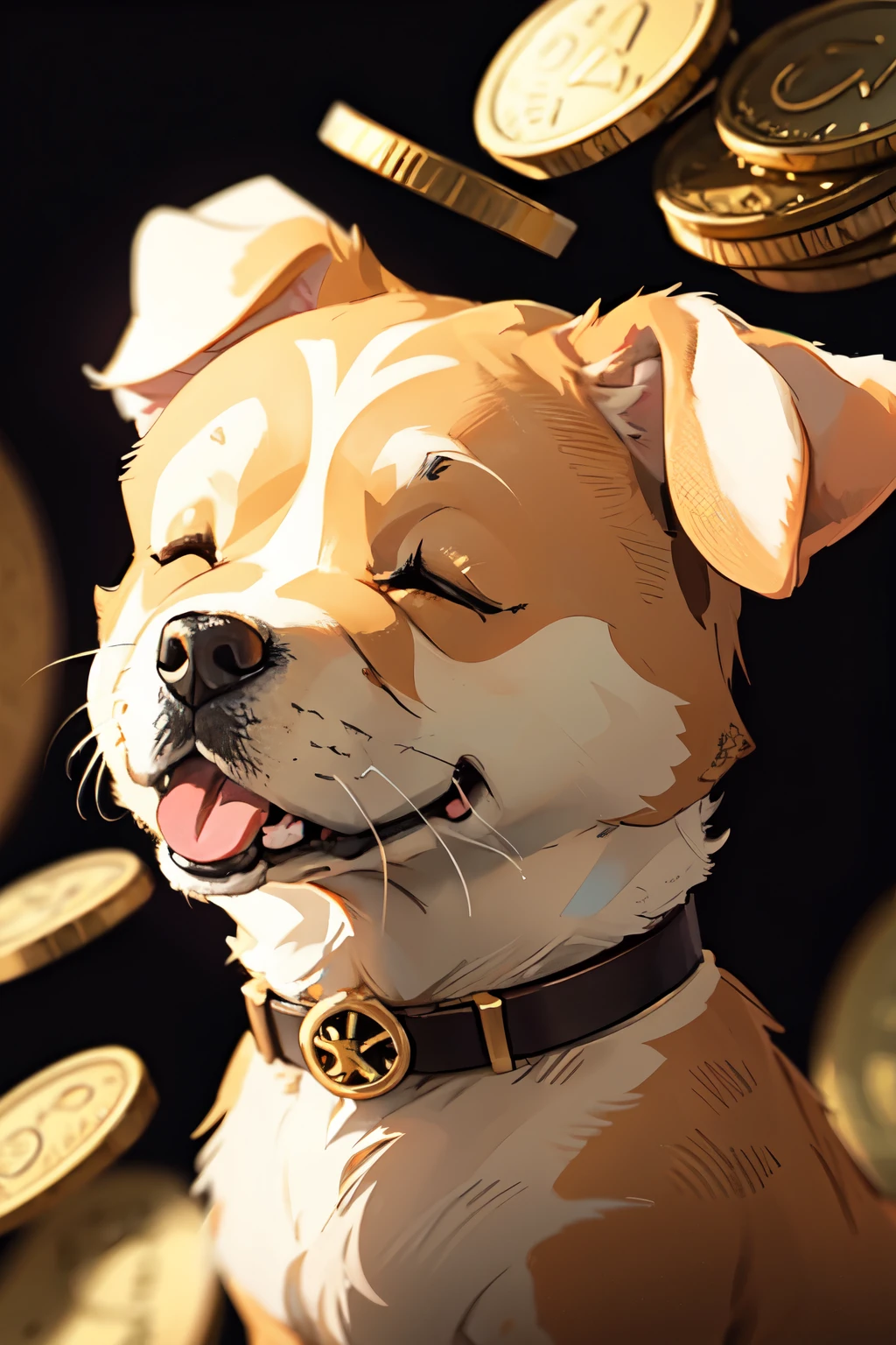 8k quality, cartoon, wide smiling dog (breed golden) with closed its eyes fall down on its back amount small golden coins as background, close up portrait.