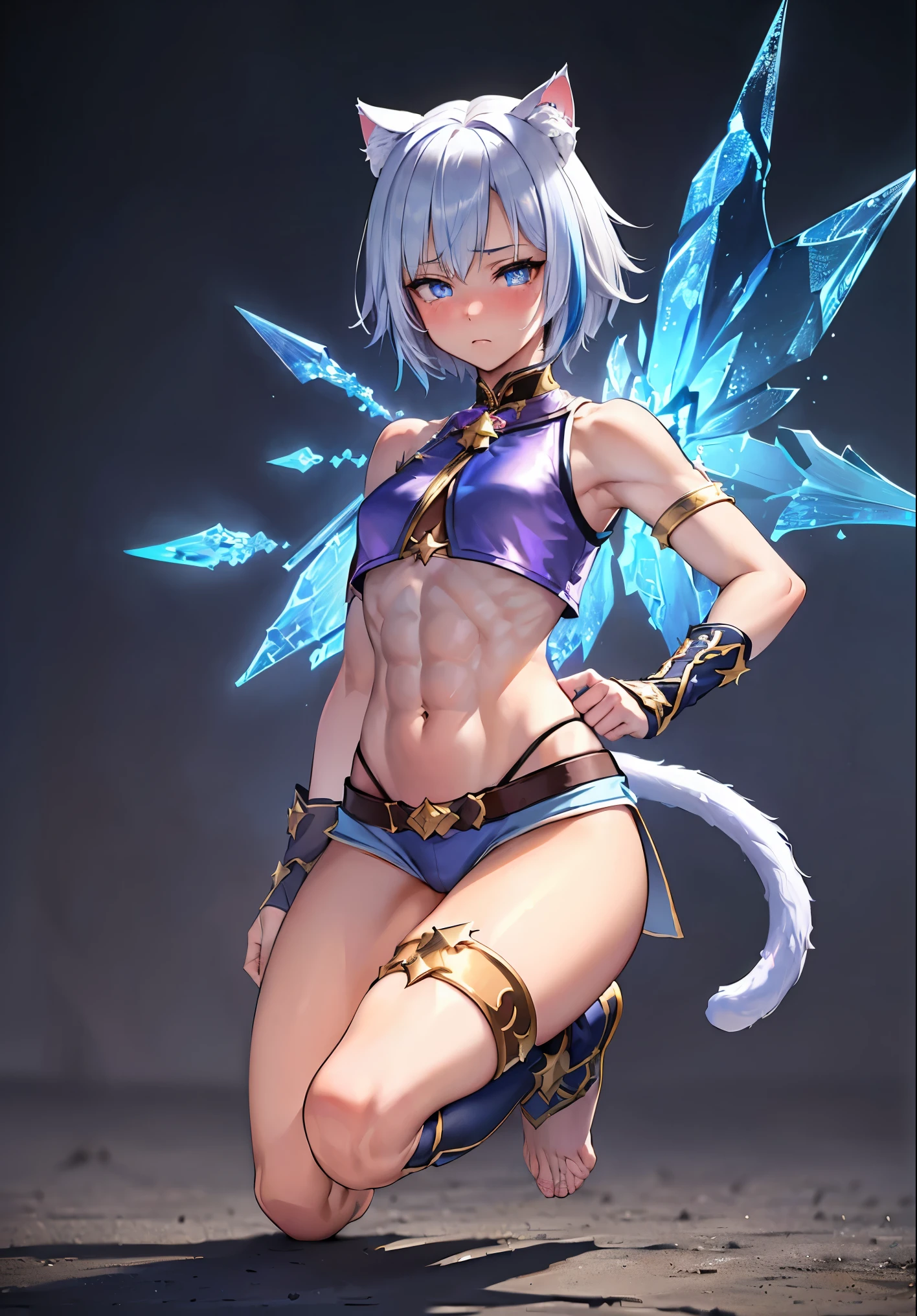 (Masterpiece, Slim Body, Delicate Fingers: 1.2), Best Quality, (Illustration: 1.2), (Hyper Detail), Eye Focus, Ultra Detail, (Fine Detail), (Intricate Detail), HDR, (Ultra Detail: 1.15), (Soft Light: 1.2), 1girl, (fighter outfits:1.5), (crop top), (fantasy outfit:1.5), (fantasy theme:1.5), (short pants:1.2), (bare shoulder:1.5), (White hair and blue highlights:1.5), (light blue eyes:1.3), medium, short hair, solo, (small breasts:1.3), masterpiece, (blushing:1.1), best quality, highly detailed, (fullbody image:1.5), kwaii, (blue inner hair:1.2), (two-tone hair:1.5), (cat ears:1.4), cat tail, ( sleeveless:1.5), (bare shoulder:1.5), (star pupil:1.5), (muscular female:1.5)