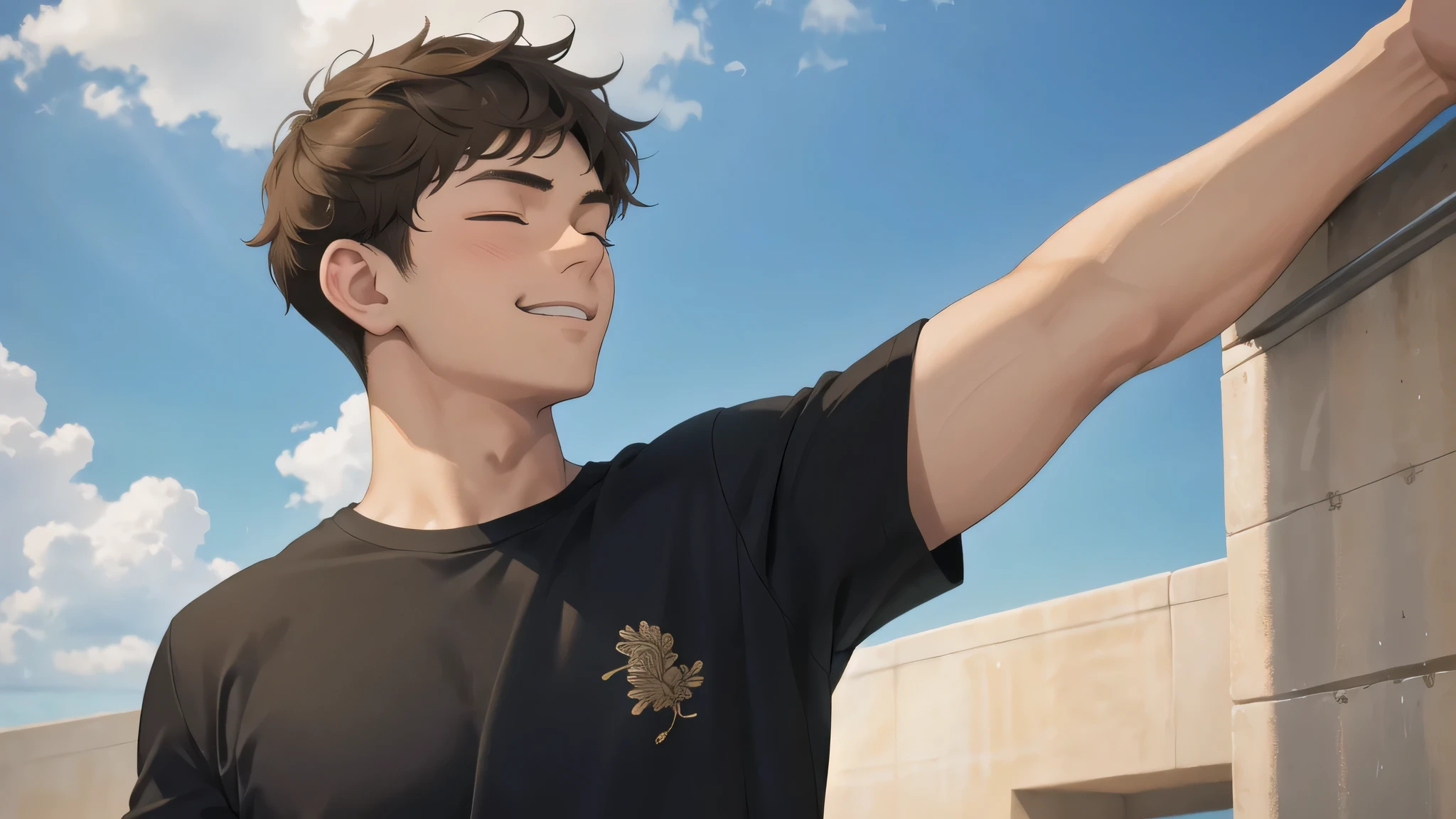 20-year-old boy,looking for,closed eyes,short brown hair,small smile,sky background,absurd,masterpiece,mackerel,intricately detailed,black t-shirt,detailed face