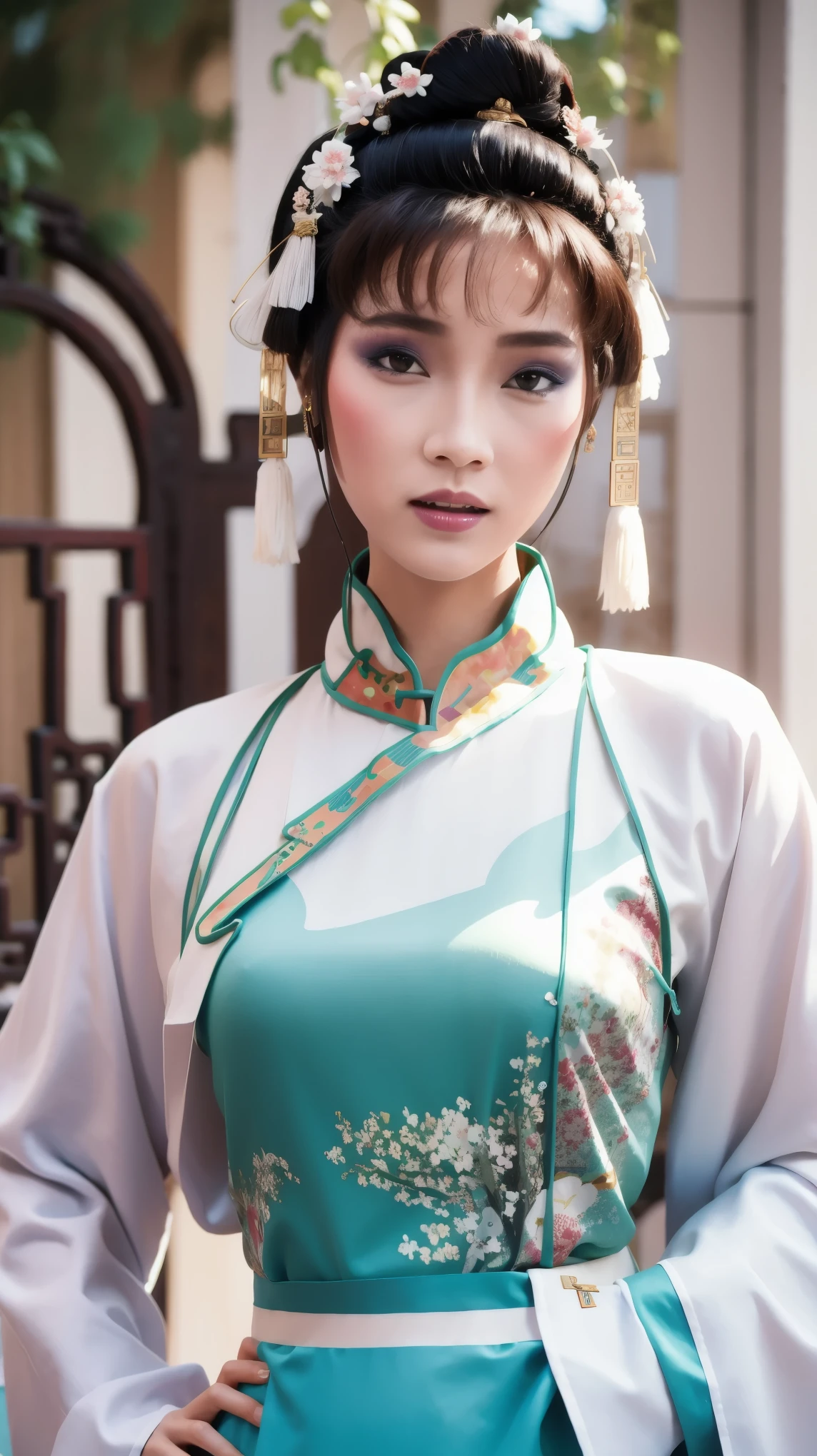 fashion model 18 years old [[[[close up]]]], [[[[neck]]]], [[[[Shoulder]]]], perfect eyes, perfect iris，perfect lips，perfect teeth，Perfect skin，fair skin，high dynamic range，movie girl，A delicate face，((((white chinese clothing))))，The background is Chinese interior decoration，Outside the window is a mountain of green trees，flowers，4k ultra high definition, ultra high resolution, (lifelike: 1.4), best quality，masterpiece，（pastel colors：1.2）