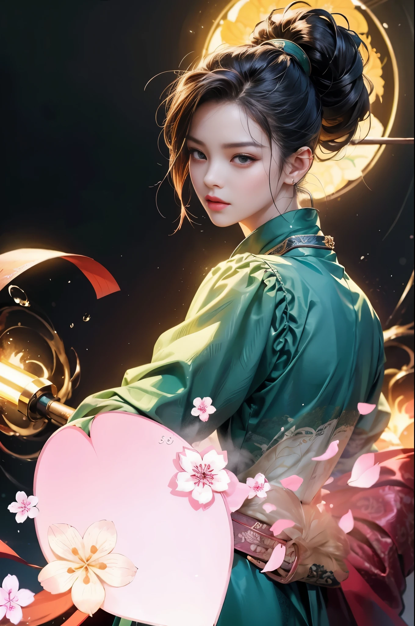a close up of a woman in a green dress holding a pink fan, palace , a girl in hanfu, artwork in the style of guweiz, by Li Song, by Yang J, by Leng Mei, inspired by Zhang Wo, by Qu Leilei, inspired by Wu Bin, guweiz, by Zhou Fang, by Chen Lin