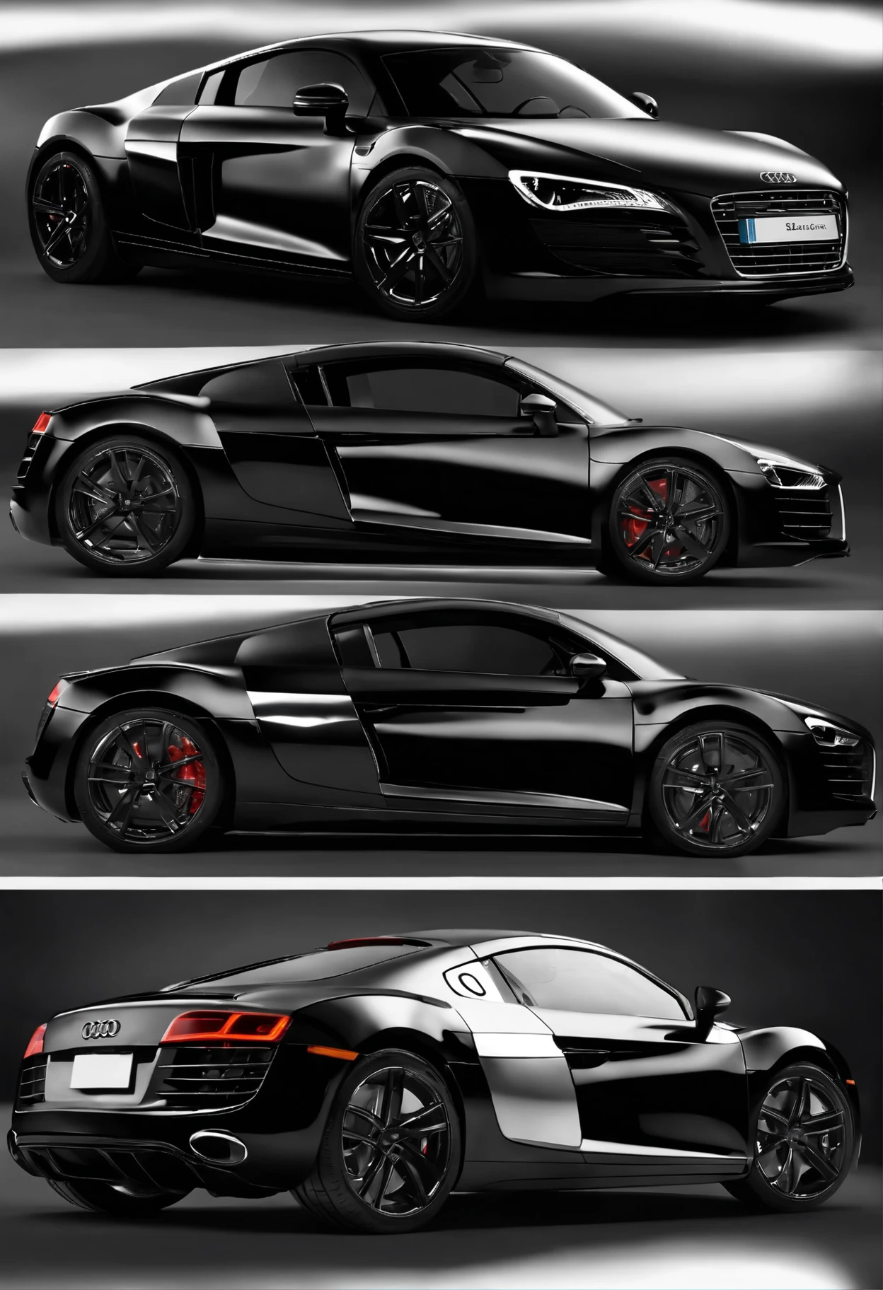(high quality,ultra-detailed),(realistic,photorealistic:1.37),Audi R8 sports car,perfectly black matte finish,sleek design,dynamic curves,aggressive front grille and headlights,shiny metallic wheels,reflective surface,innovative aerodynamics,high performance,elegant and luxurious interior,comfortable leather seats,modern dashboard display,powerful engine sound,speed and power,precision engineering,exquisite attention to detail,vivid colors,striking contrast,sharp focus,studio lighting.