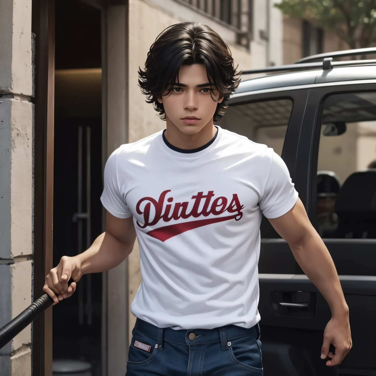 19 year old boy, con cabello rubio de ojos azules,  chaqueta amarillaz camisa y pantalon negro, with a baseball bat in his left hand 