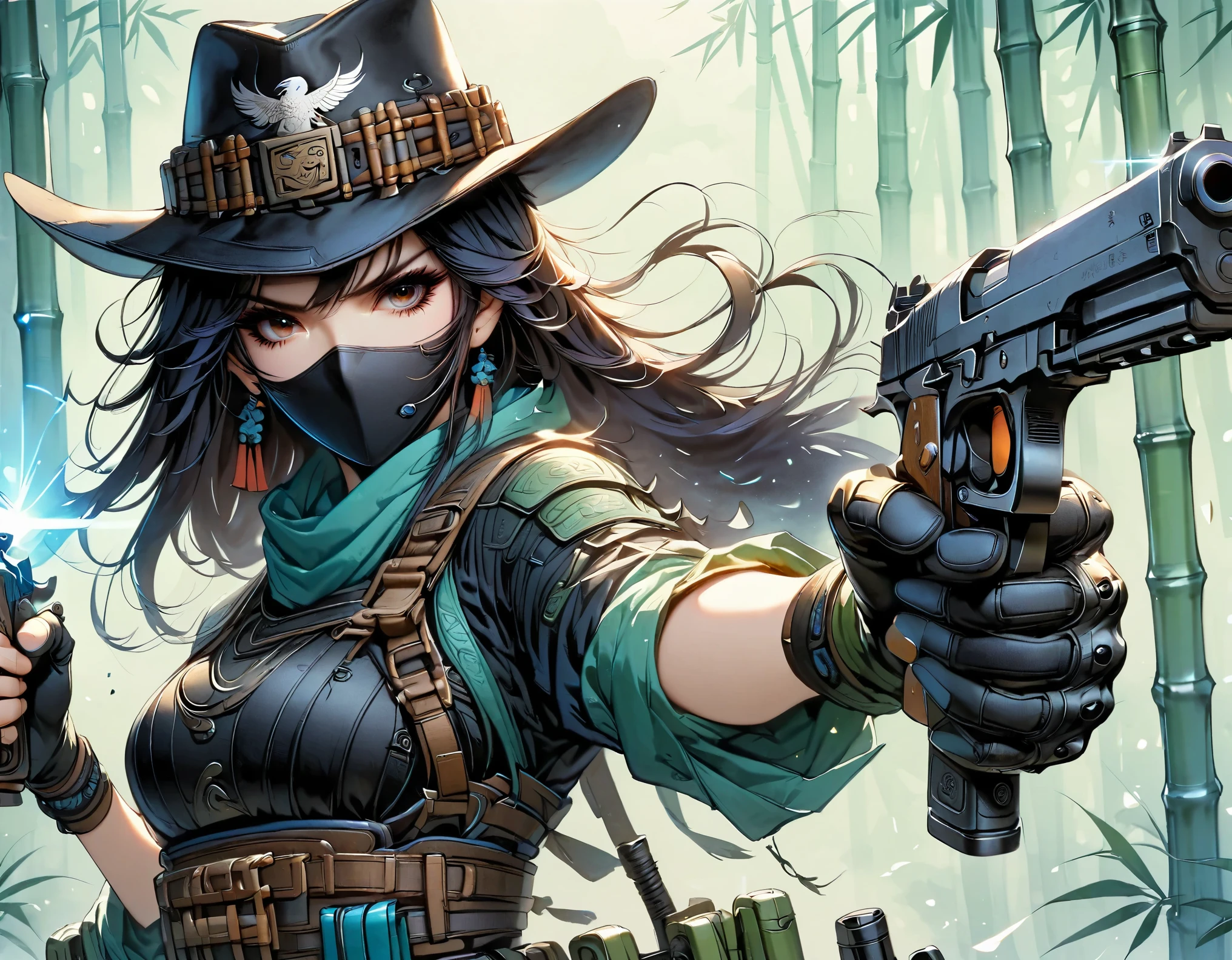 Chinese kong-fu,Motion capture,female assassin,with eyes,Dual-wielding pistol,aim at you,emit laser,bamboo forest,beast