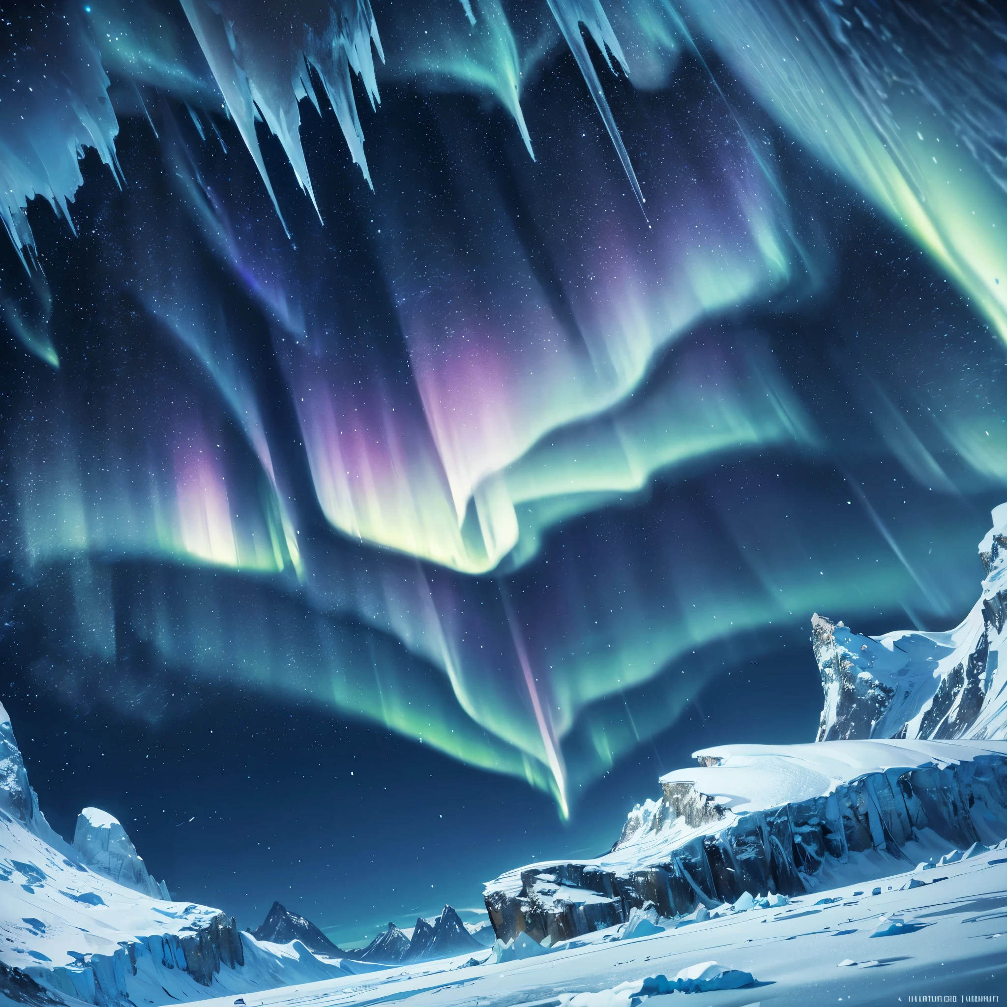 An ice region, with ice mountains, ice floor, at night with northern lights, ultra resolution, masterpiece, very detailed, 4k hd